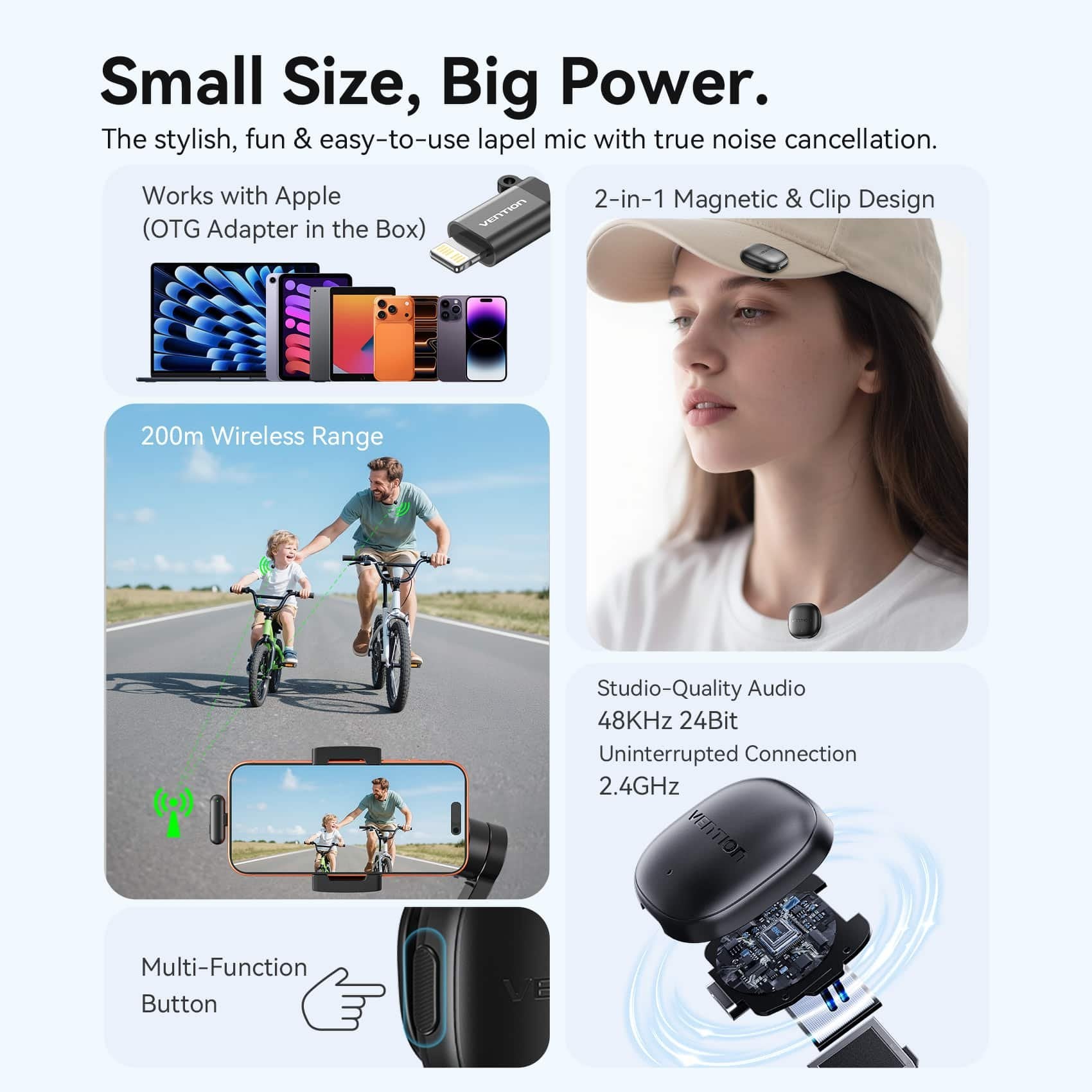Micrófono Inalámbrico Con Clip Vention Lavalier Ncdb0 Usb Tipo-C Lightning Incluye Receptor 2 Unidades