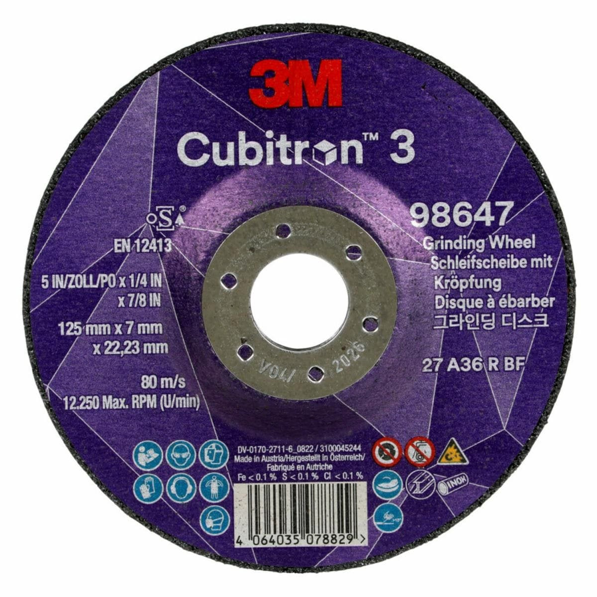 3m 98647, Disco De Corte, Metal, Ceramic Fibre, 12250 Rpm, Redondo, 2,22 Cm