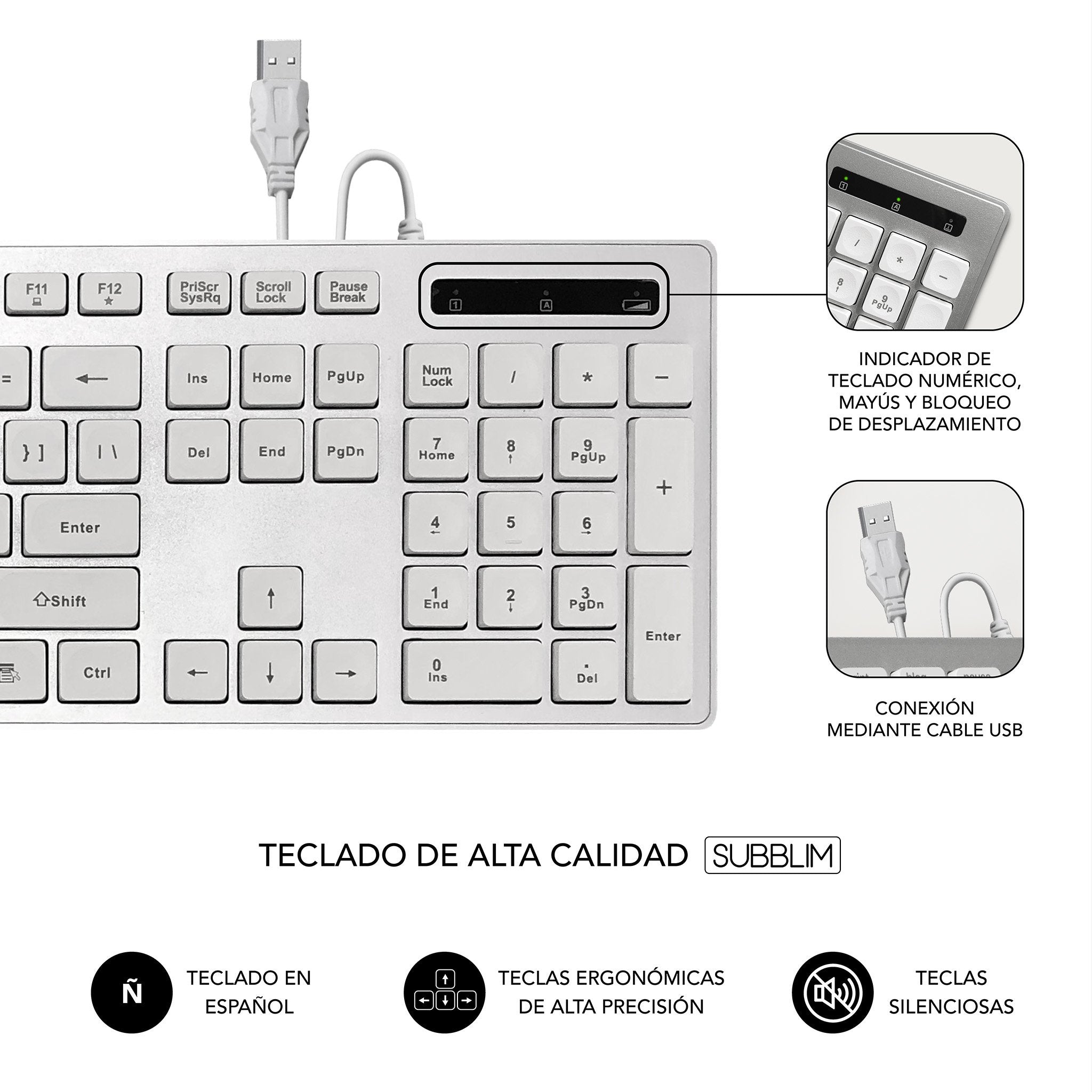 Teclado Subblim Wired Ergo Keys Silent Flat Hq Plata