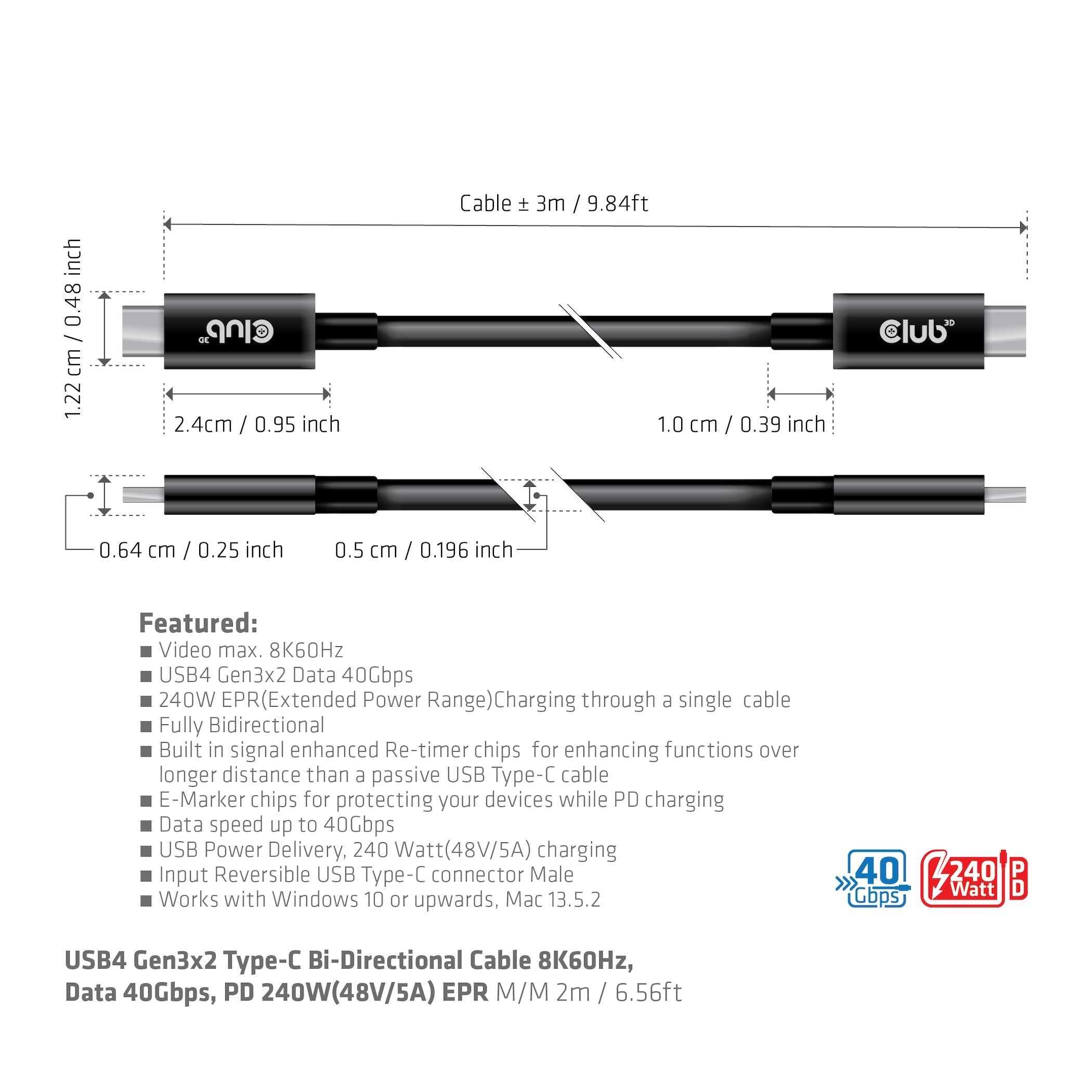 Club3d Cable Usb 4 Typ C Pd 240w 8k 40gbps 3m M M Retail