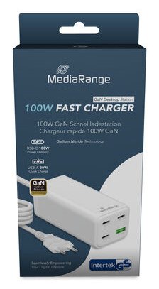 Mediarange Cargador 100w 4-Port 1x Usb-A 3x Usb-C Gan, Blanco