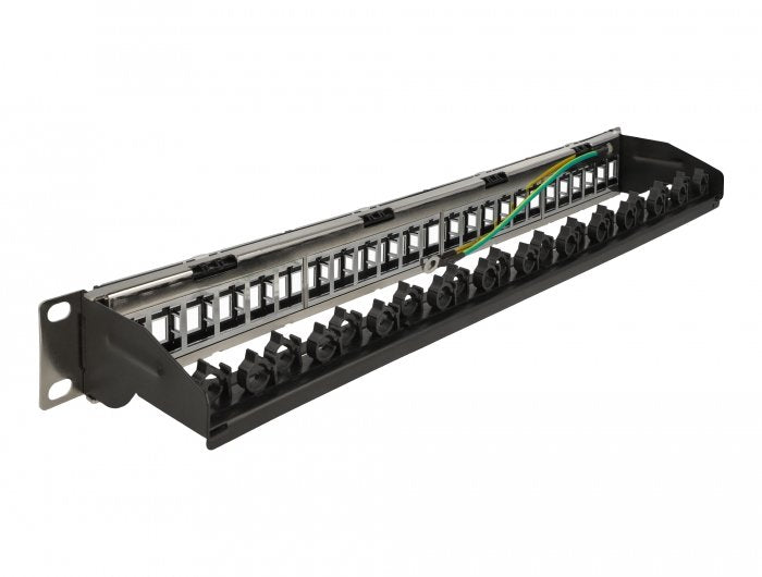 Delock Panel De Conexión Keystone De 19? Y 24 Puertos Con Carril De Fijación De Cables, Campo De Etiquetado Y Protección Contra El Polvo 1u Negro