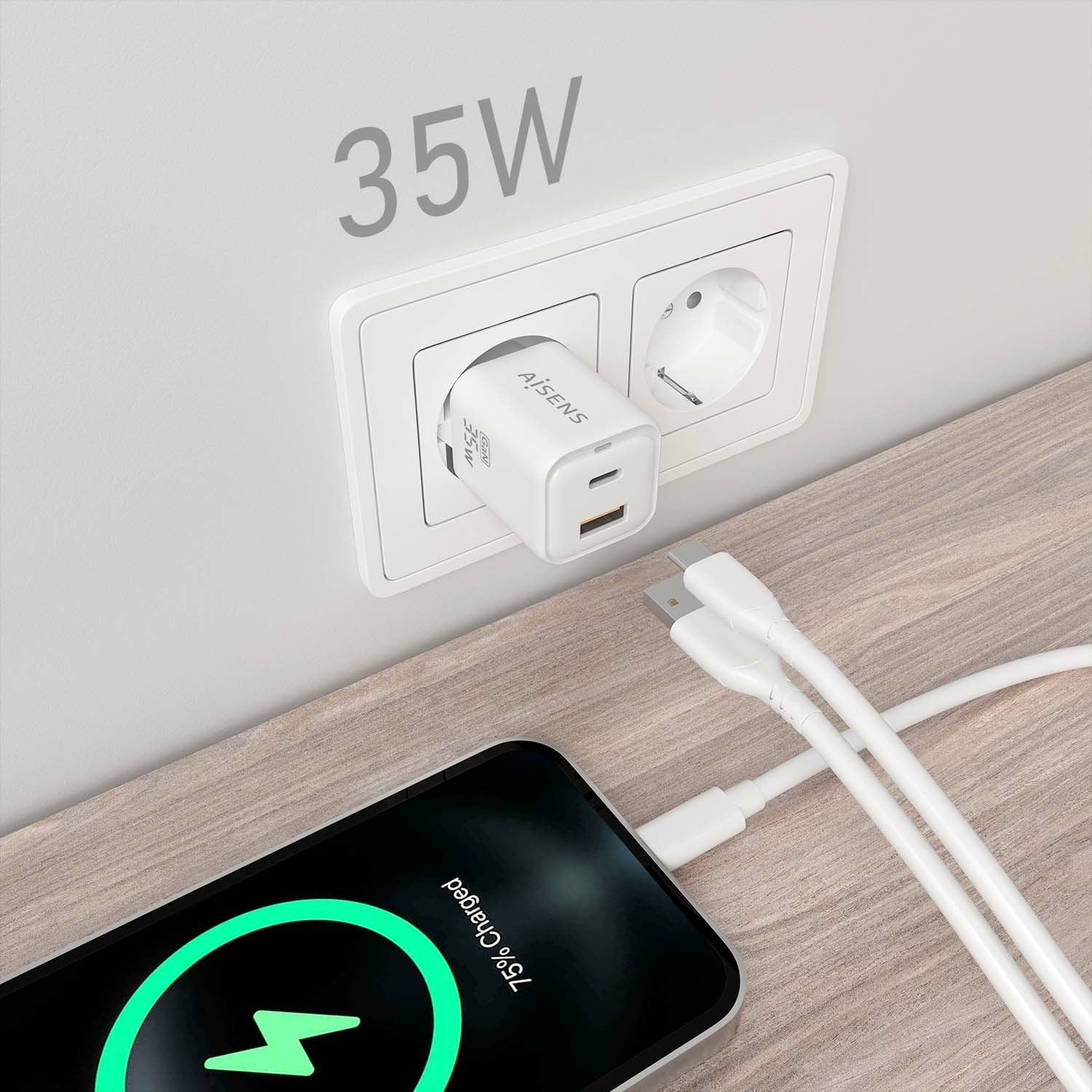 Aisens Cargador Gan 35w, 1xusb-C Pd3.0 Qc4.0, 1xusb-A Qc3.0, Blanco