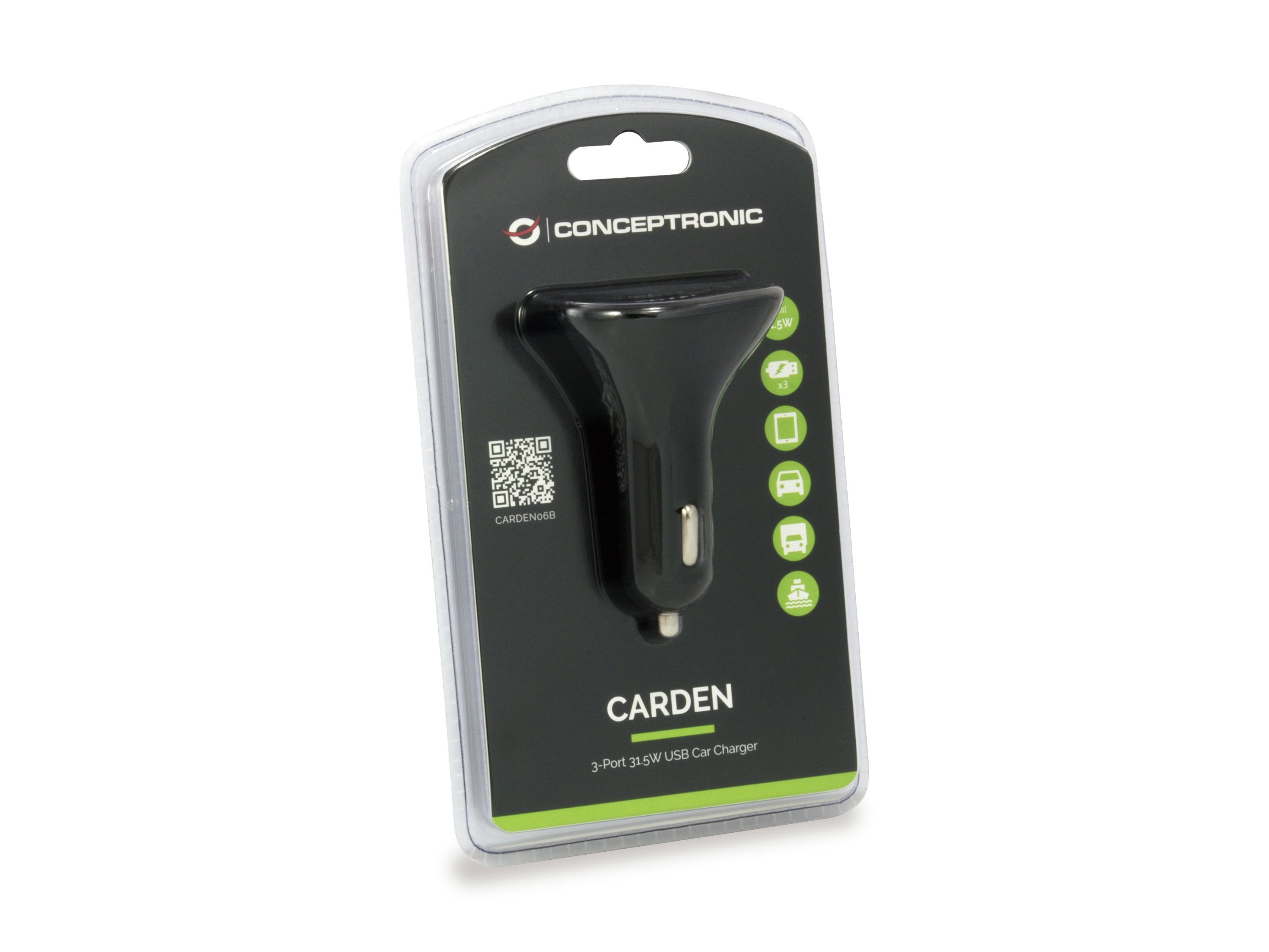 Cargador Coche Conceptronic Carden06b  3 Puertos Usb A ( 2 P 5v/2.4a   1p 5v/1.5a ) 31.5w