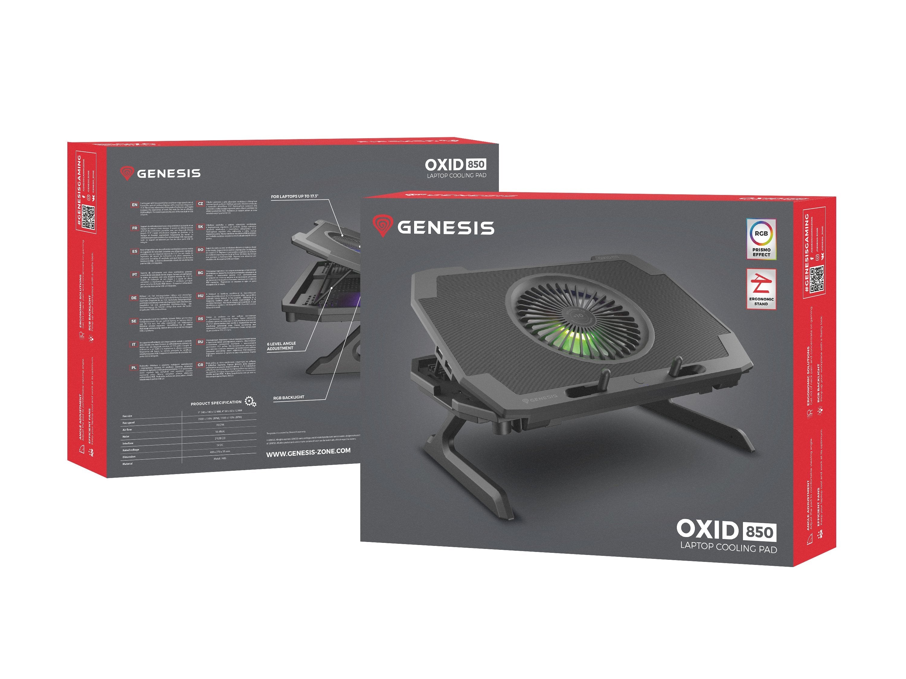 Base Refrigeradoras Genesis Oxid 850 Rgb 15.6"-17.3" Usb, 5 Ventiladores