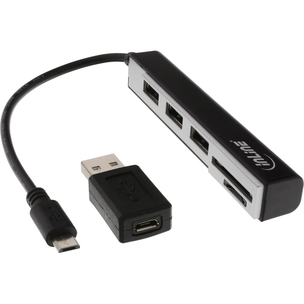 Lector De Tarjetas Inline Usb Otg Y Concentrador Usb 2.0 De 3 Puertos Para Sdxc Y Microsd + Adaptador