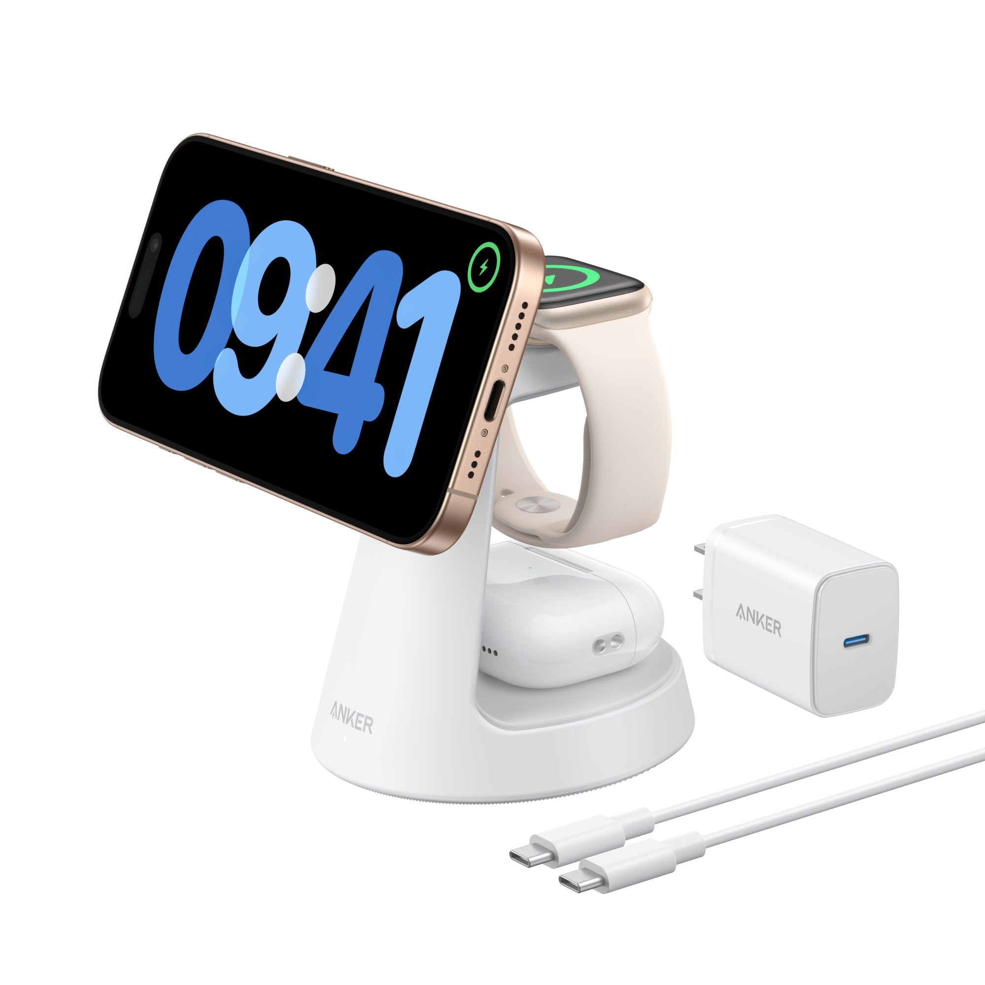 Anker Maggo 3-In-1 Charging Station Cablelose Ladestation Weiss Qi2 15w Inkl. Zertifiziertes Modul Fr Apple Watch