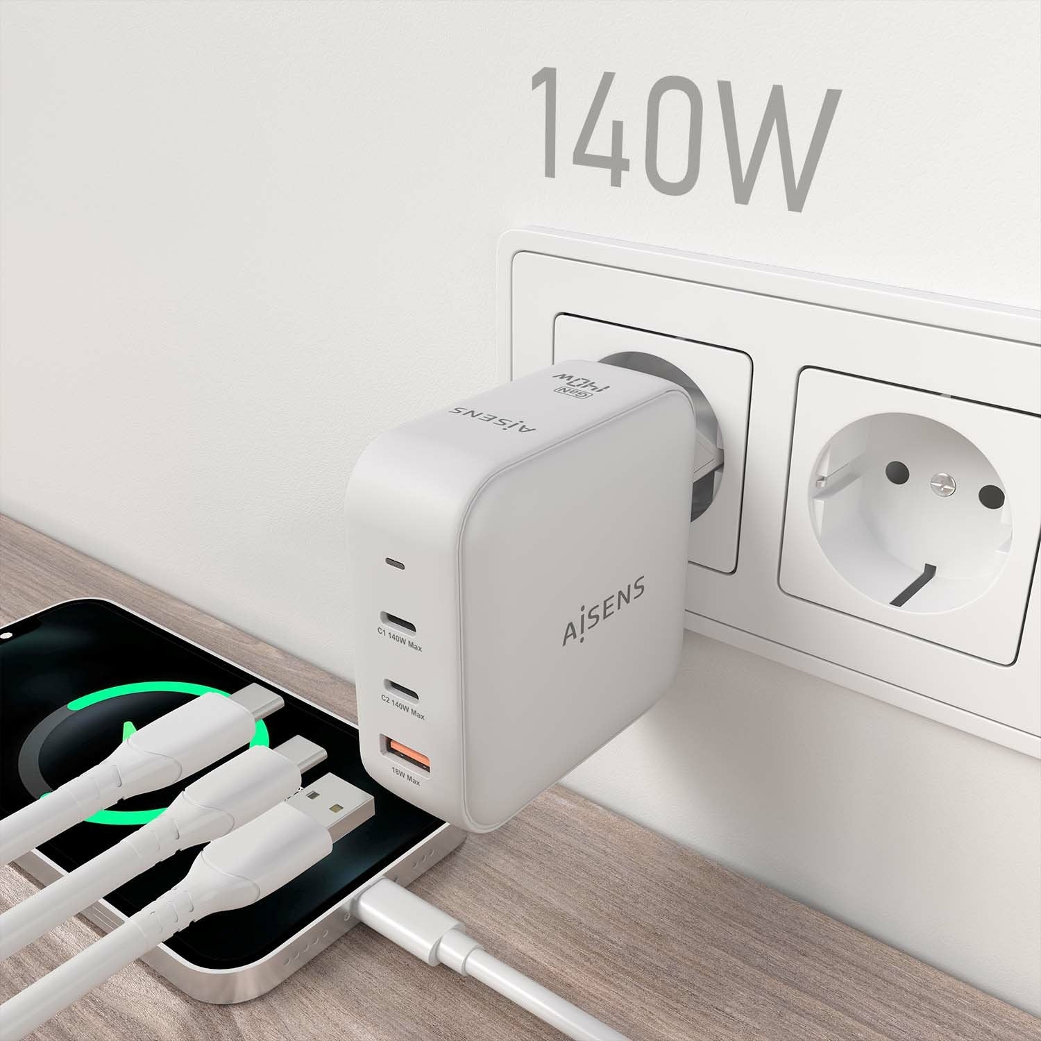 Aisens Cargador Gan 140w, 2xusb-C Pd3.1 Qc4.0, 1xusb-A Qc3.0, Blanco
