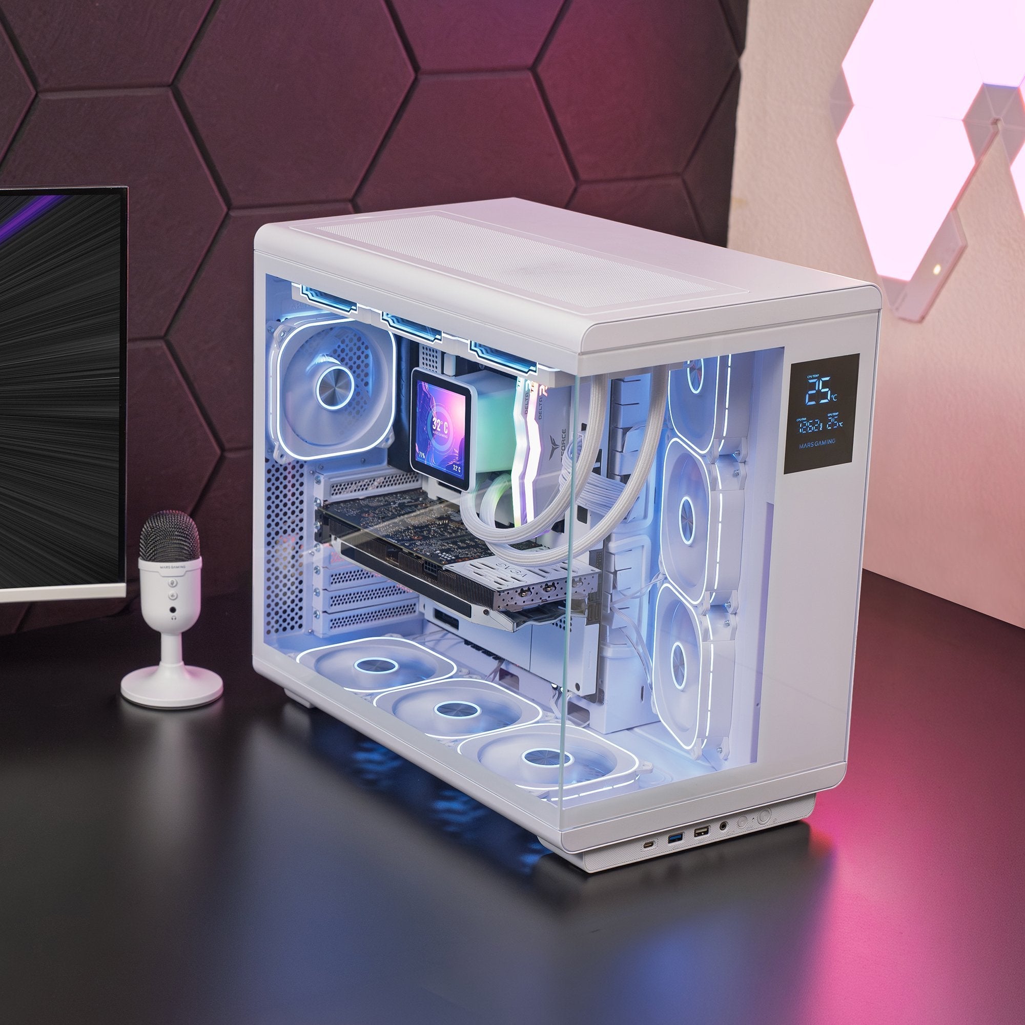 Caja Pc  Atx Mars Gaming Mc-Revpro Pantalla Lcd 4.3" Cristal Templado 4x Ventiladores Argb Blanco
