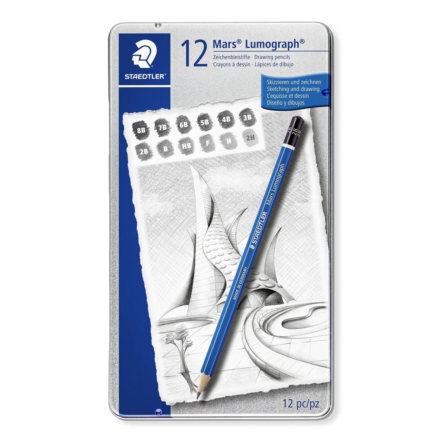 Staedtler Caja Metálica 12 Lápices De Grafito Lumograph 2h-H-F-Hb-B-2b-3b-4b-5b-6b-7b-8b
