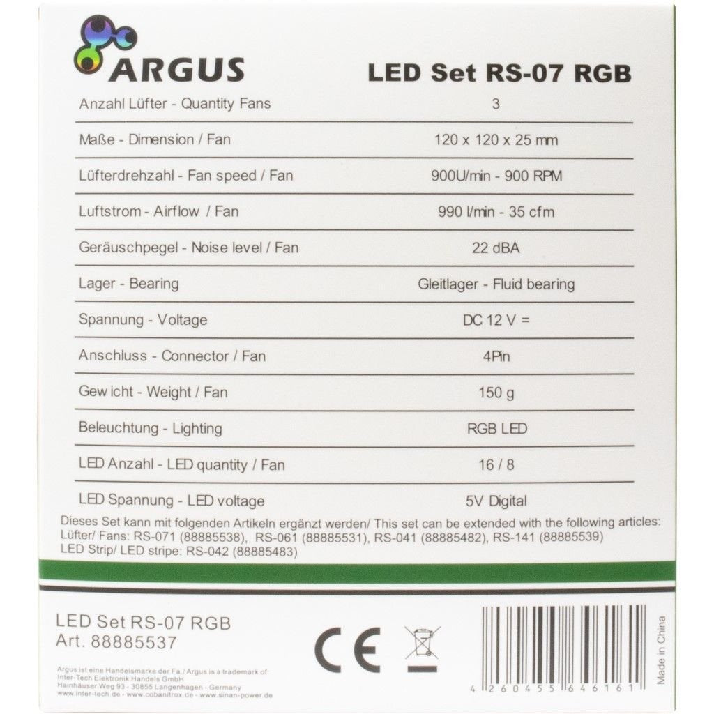 Ventilador Inter-Tech 120 * 120 * 25 Argus Rgb-Fan Set Rs-07, 3x Led Al Retail