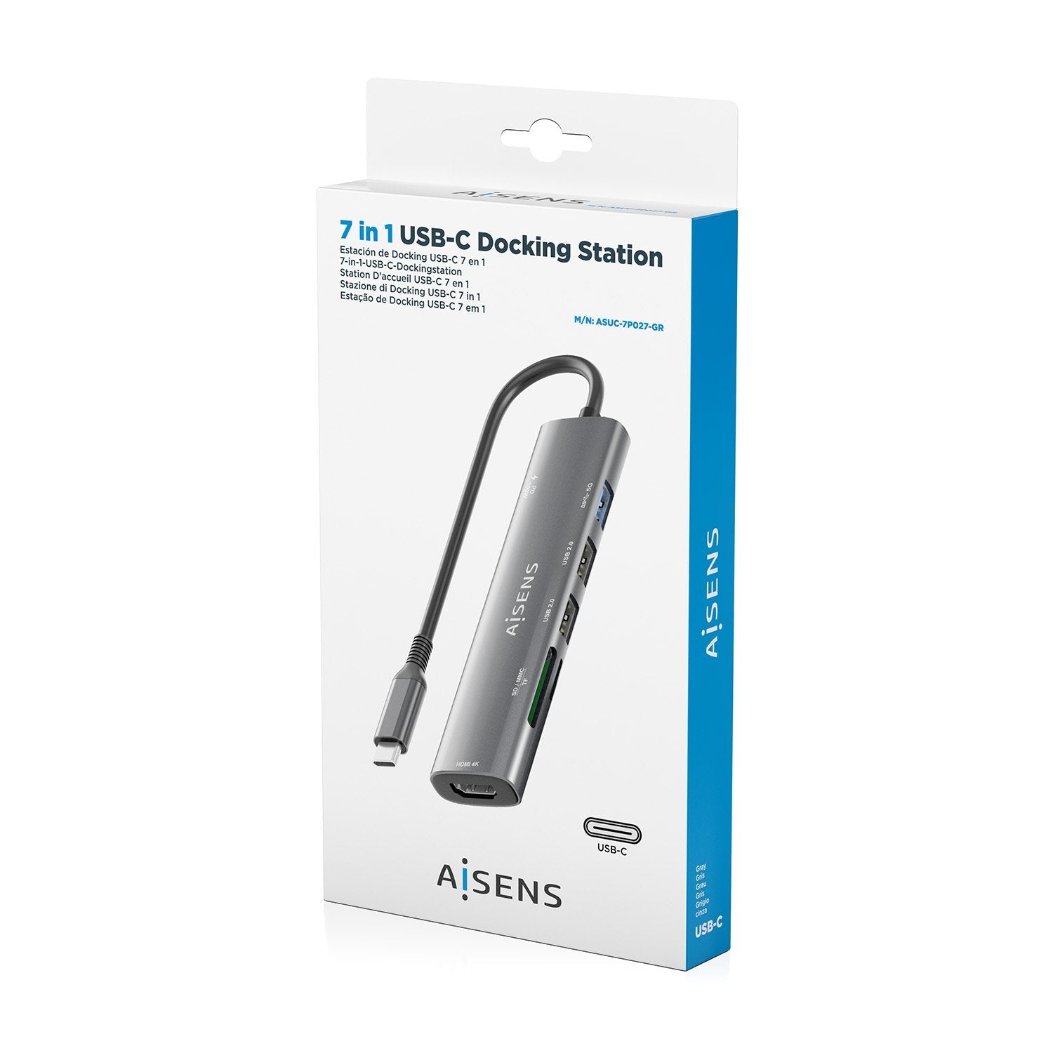 Aisens Usb-C Dock 7 En 1, Usb-C A 1xhdmi, 2xusb-A Usb2.0, 1xusb-A Usb3.0, 1xusb-C Pd 100w, 1xsd, 1xmicro Sd, Gris, 15cm