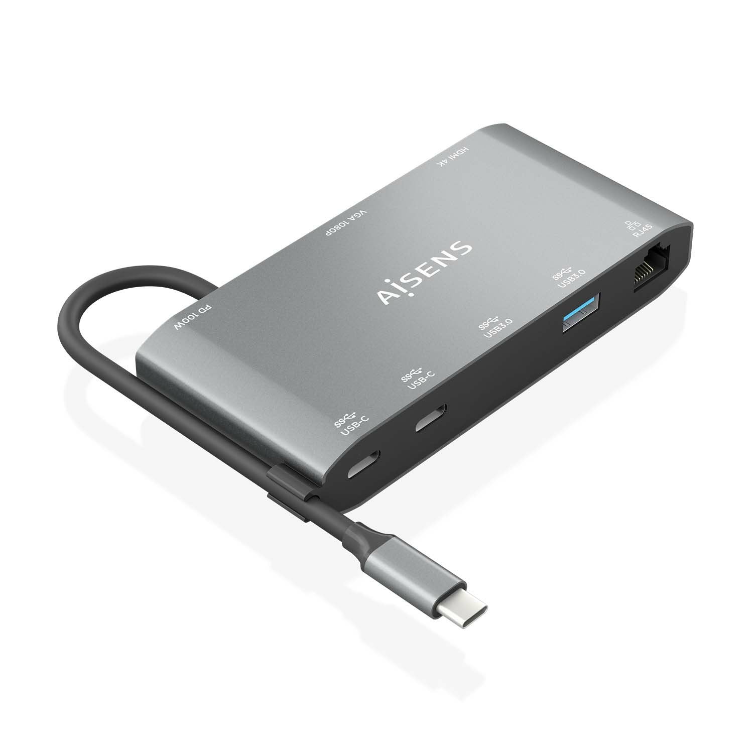 Aisens Usb-C Dock 8 En 1 - Usb-C A 1xhdmi - 1xvga - 1xrj45 - 2xusb-A - 2xusb-C 5g - 1xusb-C Pd - 20cm - Gris