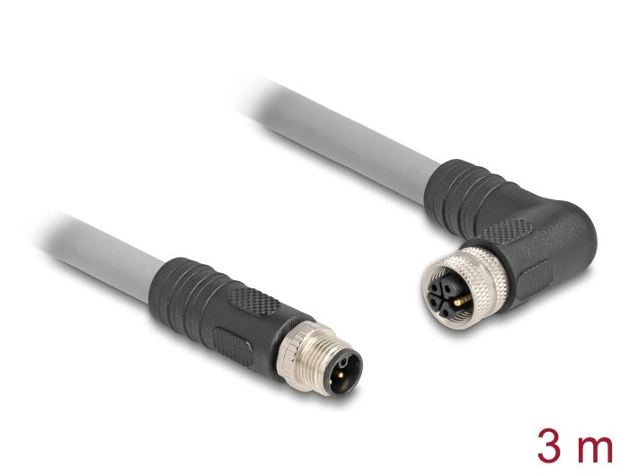 Delock M12 Cable L-Kodiert 5 Pin Stecker Gerade Zu Buchse Rechts Gewinkelt Pur Schleppkettentauglich 3 M Grau