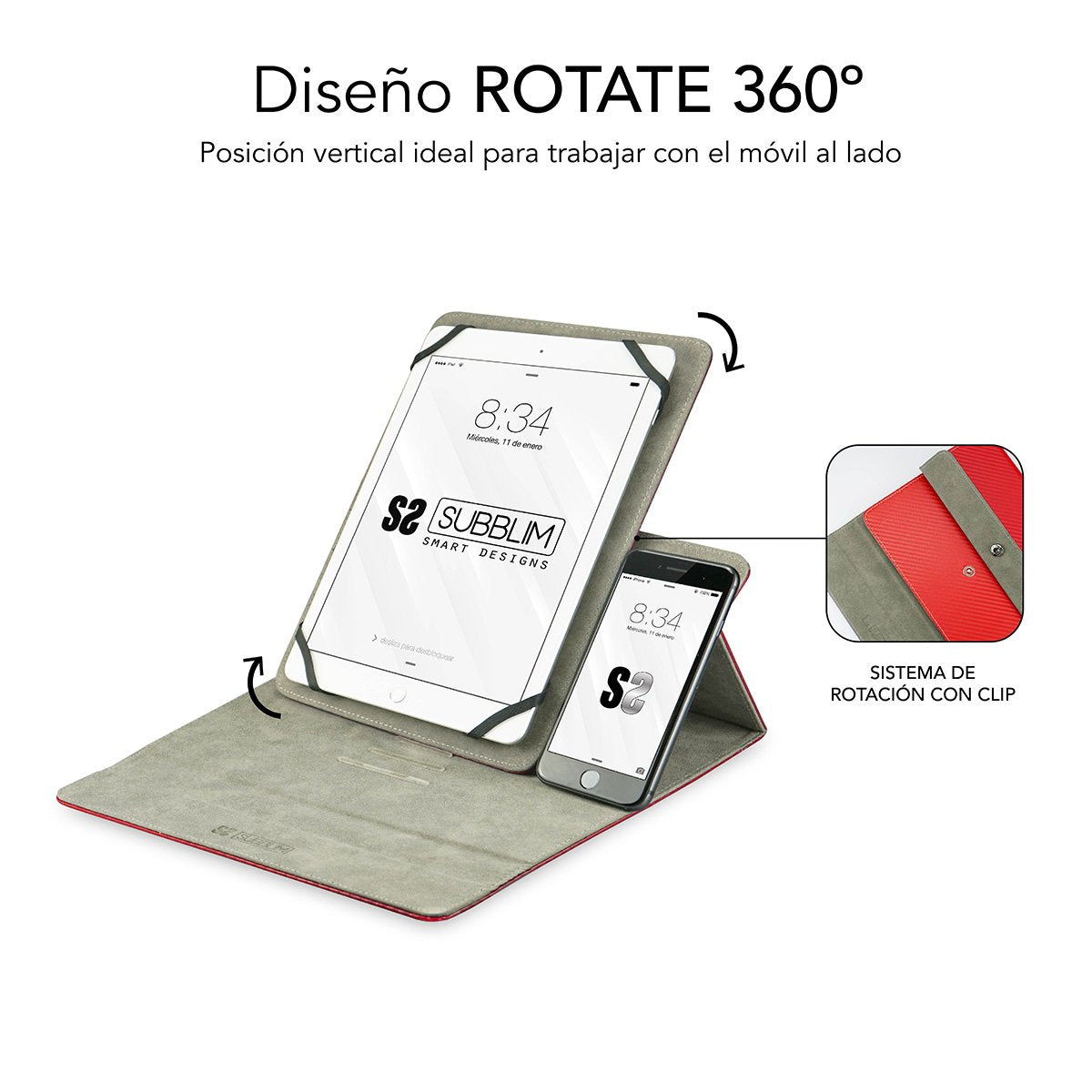Funda Universal Subblim Rotate 360º Para Tablet Hasta 10.1'/25.6cm Red Rotación 360º Interior Aterciopelado Sistema Cierre Solapa Magnética