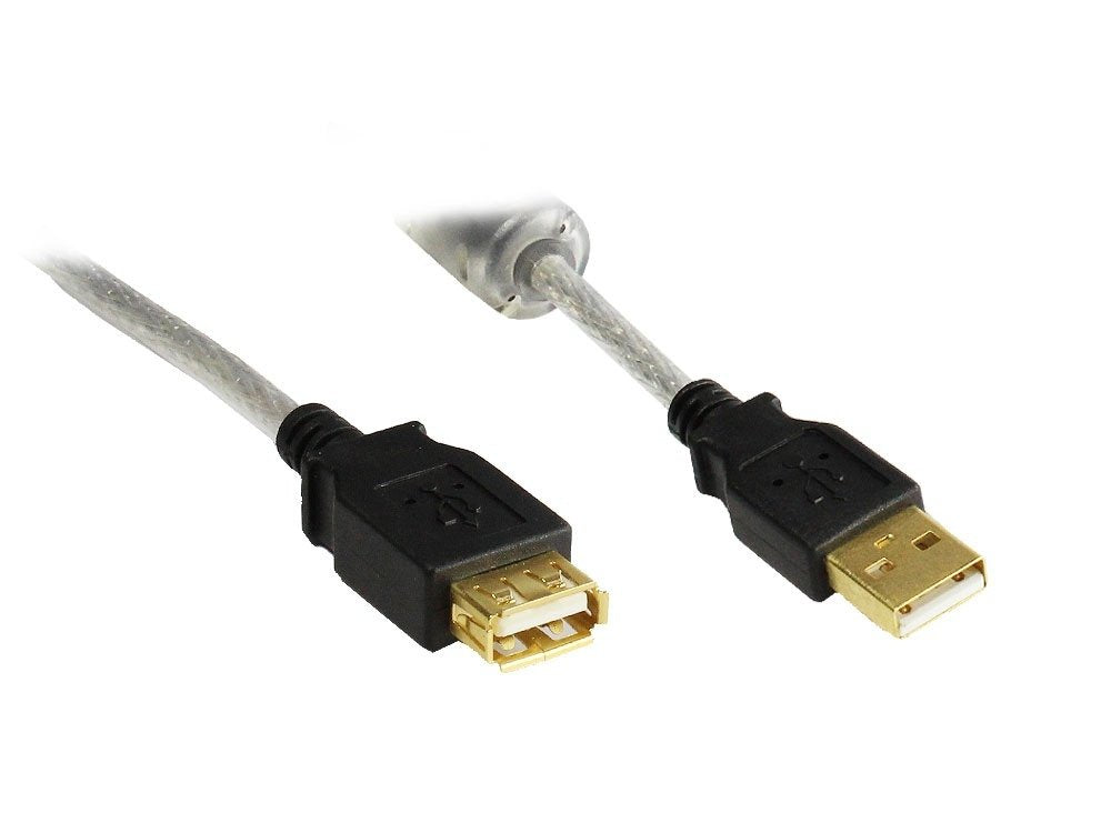 Verlängerung Usb 2.0 Stecker A An Buchse A, High Quality Mit Ferritkern Und Goldkontakten, Transparent, 2m,