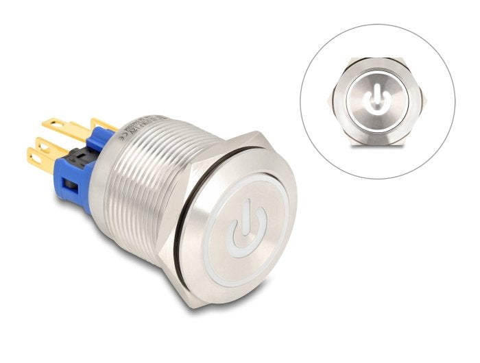 Drucktaster Zum Einbau 22 Mm 6 X Lötanschluss Led Weiss Powersymbol + Ring