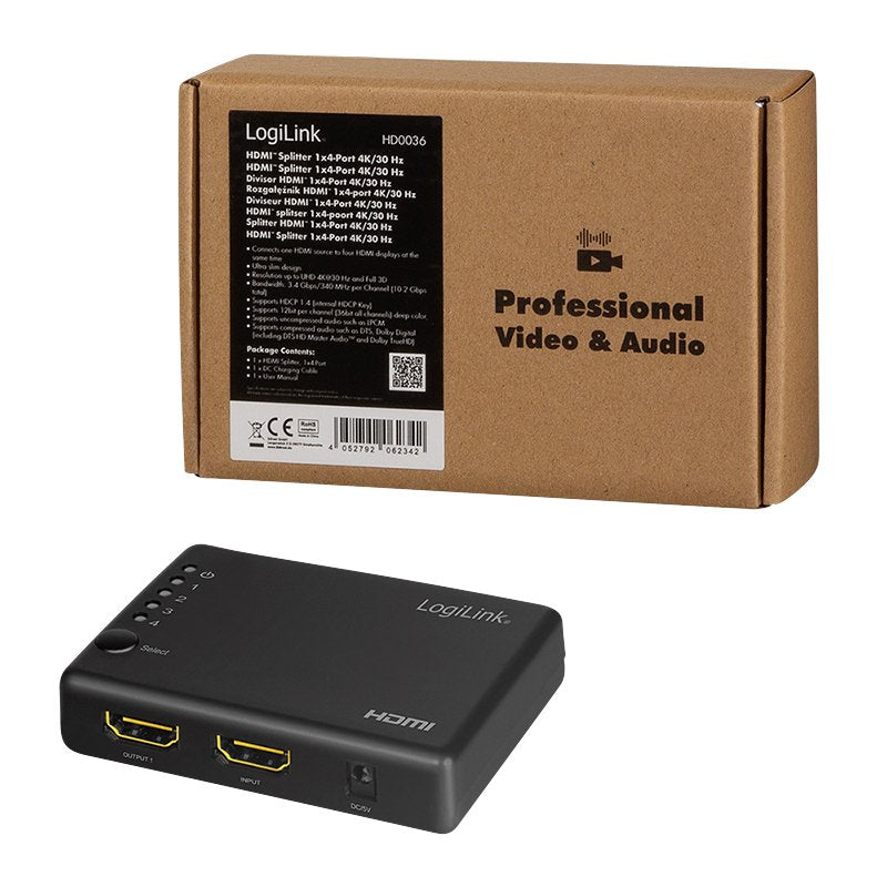 Divisor Hdmi Logilink 1x4 Puerto, 4k / 30hz, Delgado, Negro.