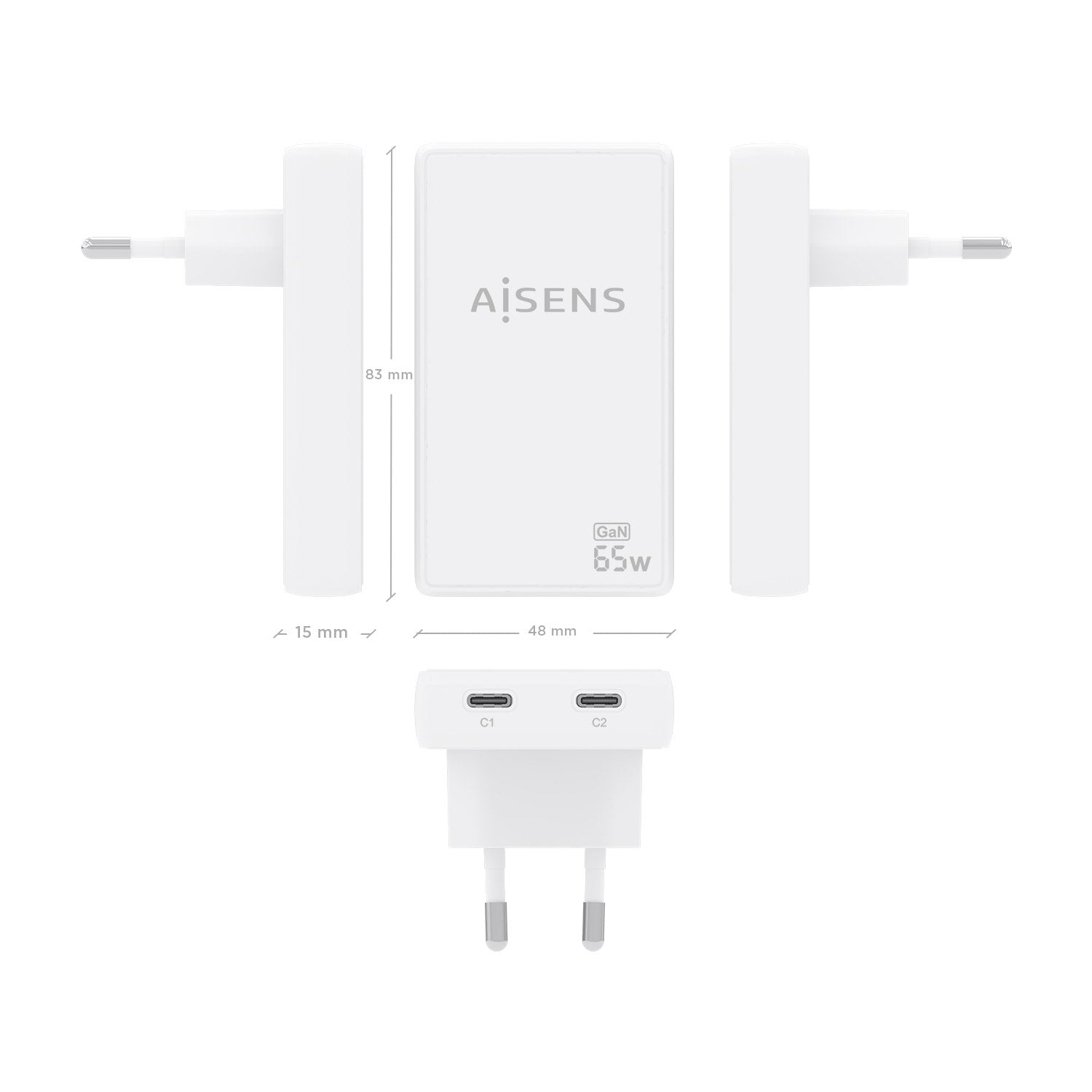 Aisens Cargador De Pared Gan Ultra Delgado 65w, 2xusb-C Pd3.0 Qc4.0, Blanco