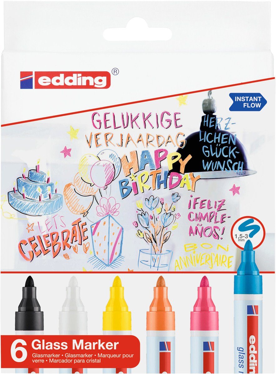 Edding 95 Pack De 6 Rotuladores De Tiza Liquida - Punta Redonda - Trazo 1.5-3mm - Colores Blanco, Amarillo, Negro,
