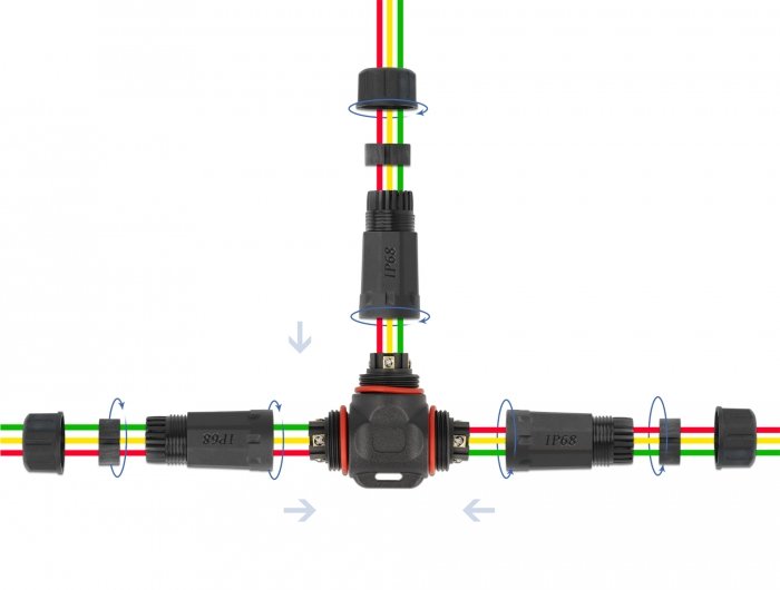 Delock Cableverbinder T-Form Für Aussenbereich 3 Pin, Ip68 Wasserdicht, Schraubbar, Cabledurchmesser 4,5 - 7,5 Mm Schwarz