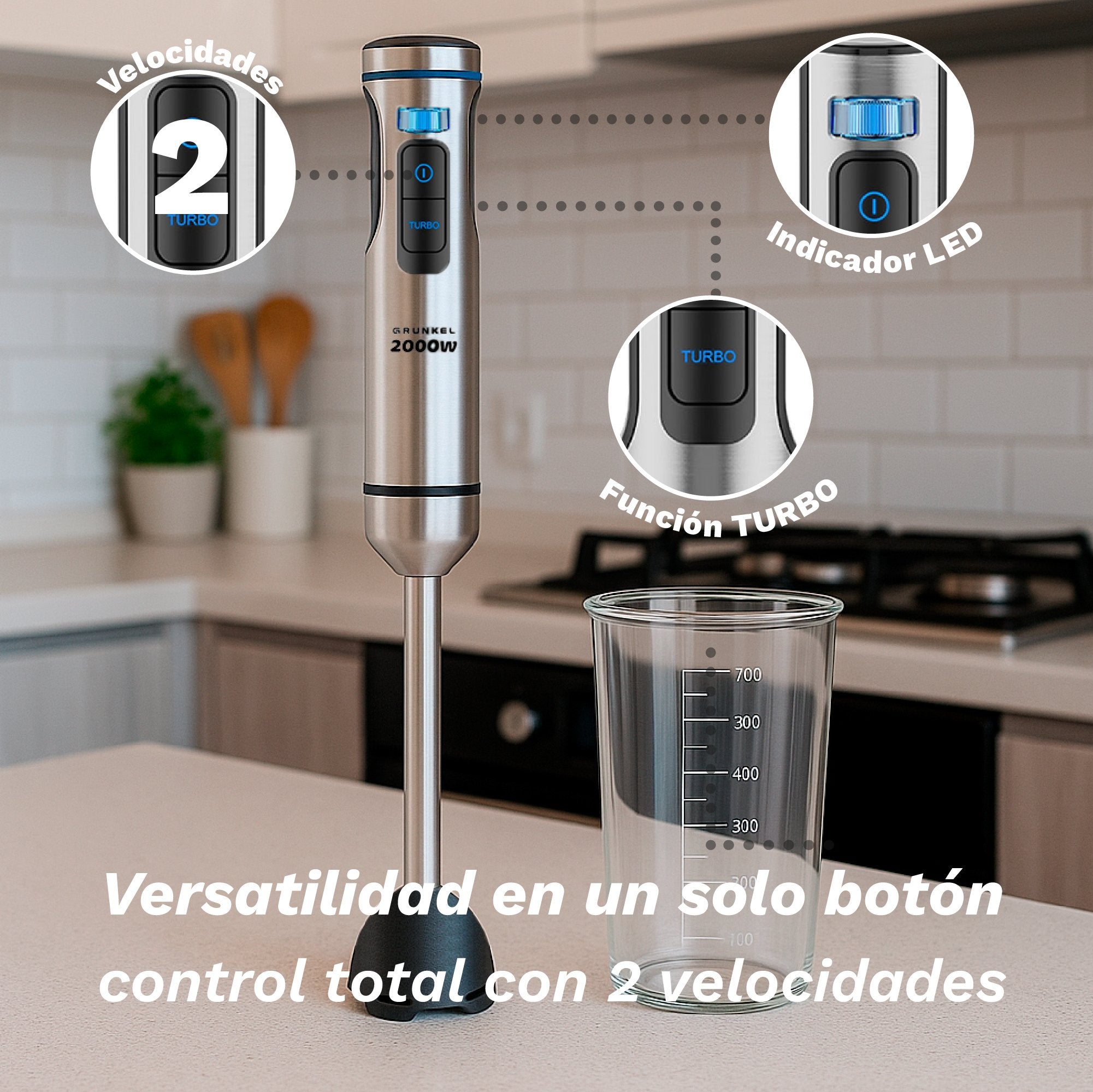 Batidora De Mano Grunkel Bm-2000set 2000w Capacidad 0.8l Incluye Vaso, Picadora, Varilla Y Soporte