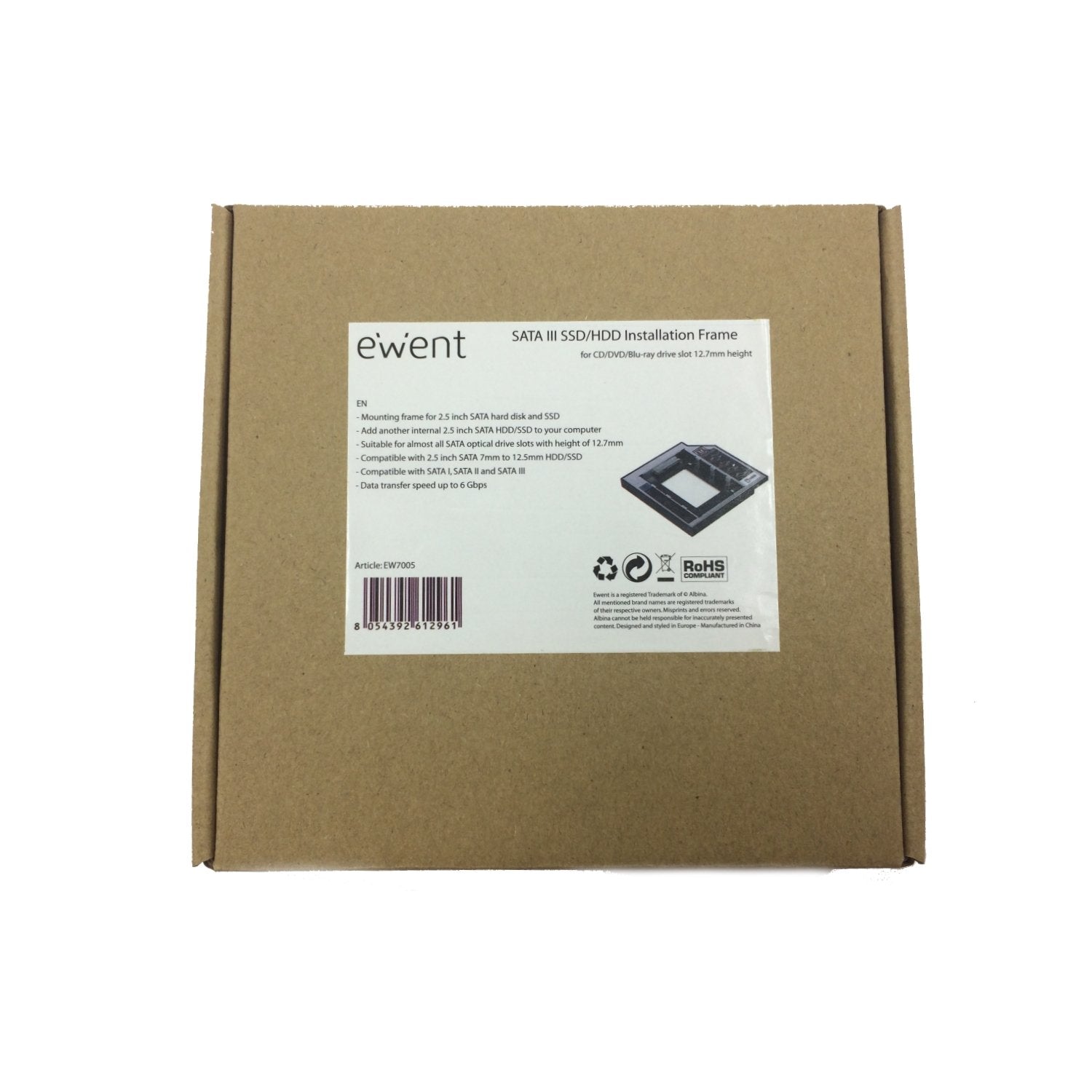 Ewent Sata Iii Ssd/Hdd Installation Frame For Cd/Dvd/Blu-Ray Drive Ewent Ew7005, Universal, Funda De Disco Duro, Acrilonitrilo Butadieno Estireno (Abs), Aluminio, Negro, Gris, 2.5", Hp, Dell, Acer, Benq, Asus, Lenovo, Great Wall