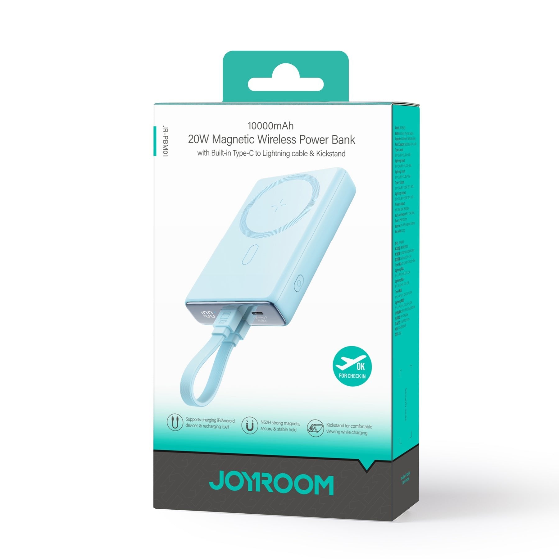 Joyroom Power Bank Magnetic Wireless Charging, Magsafe 15w, C+Lightning. Pd 20w, 10000 Mah With Type-C - Lightning Cable, Blue (Jr-Pbm01)