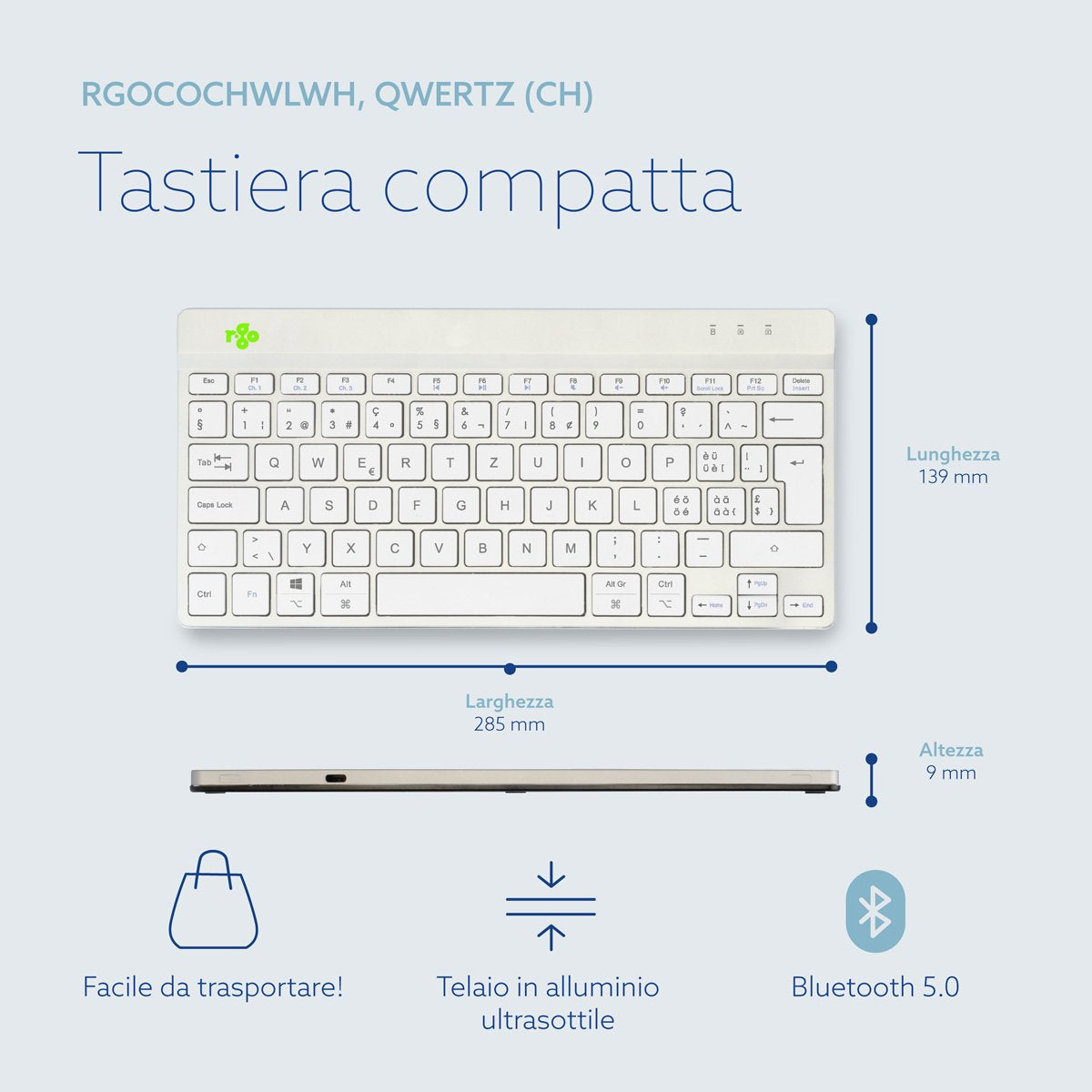 R-Go Compact Break Keyboard,  Qwertz (Ch), Bluetooth, White