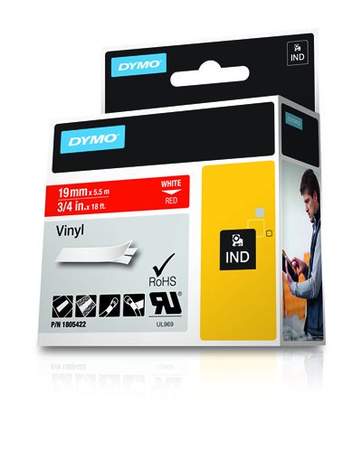 Dymo Rhino Cinta De Etiquetas Industrial Adhesiva Id1-19, Blanco Sobre Rojo De 19mmx5´5m, Vinilo