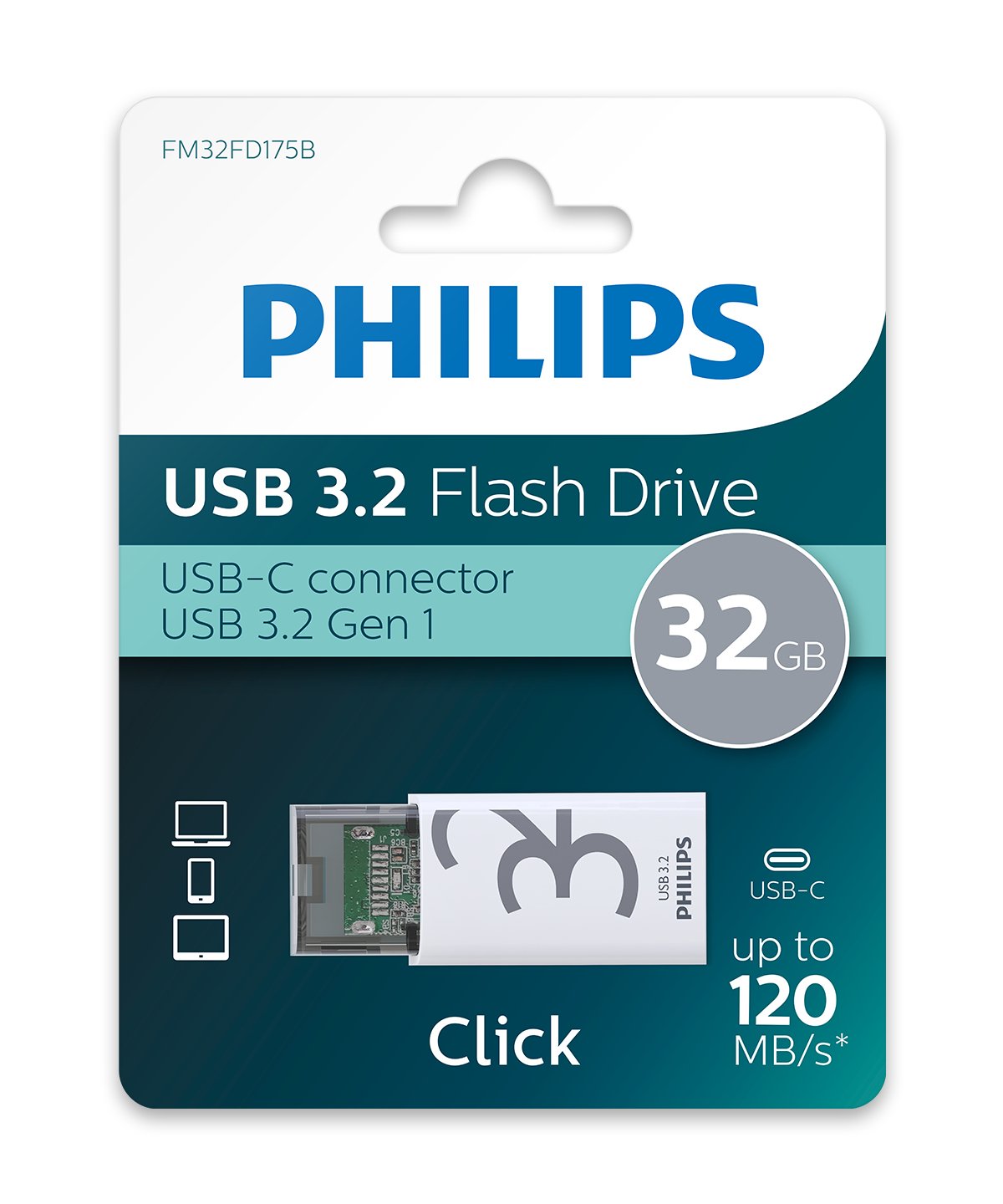 Philips Usb 3.2 32gb Click Series Gen 1 Usb-C Unidad Flash Usb 128 Gb Usb Tipo A 2.0 Plata