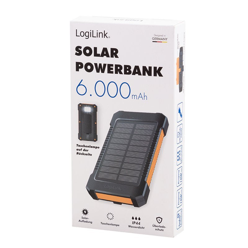 Bateria Externa Power Bank  8000  Solar 2 Puertos Usb-A De Control De Calidad Linterna Negro Naranja Logilink