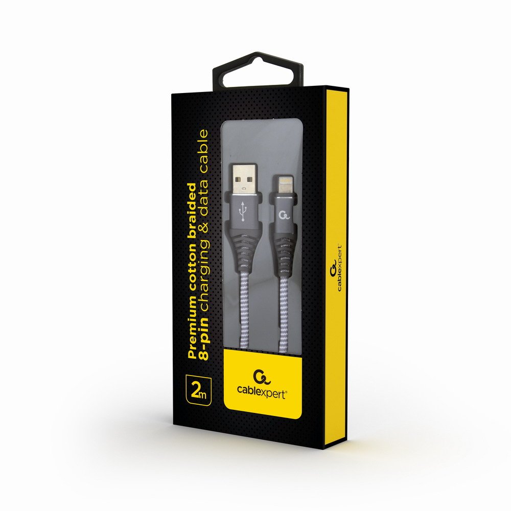 Gembird Cable De Carga Y Datos Usb A Lightning Trenzado Premium 2m, Gris Blanco