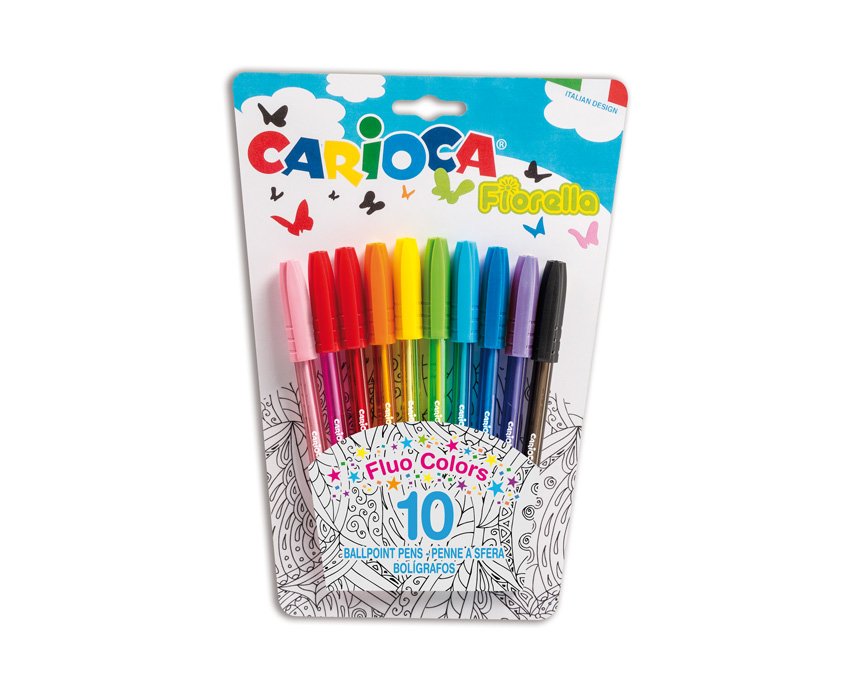 Carioca Fiorella Pack De 10 Boligrafos - Punta De Esfera - Cuerpo Transparente Fluo - Punta Ø 1mm - Escritura Brillante