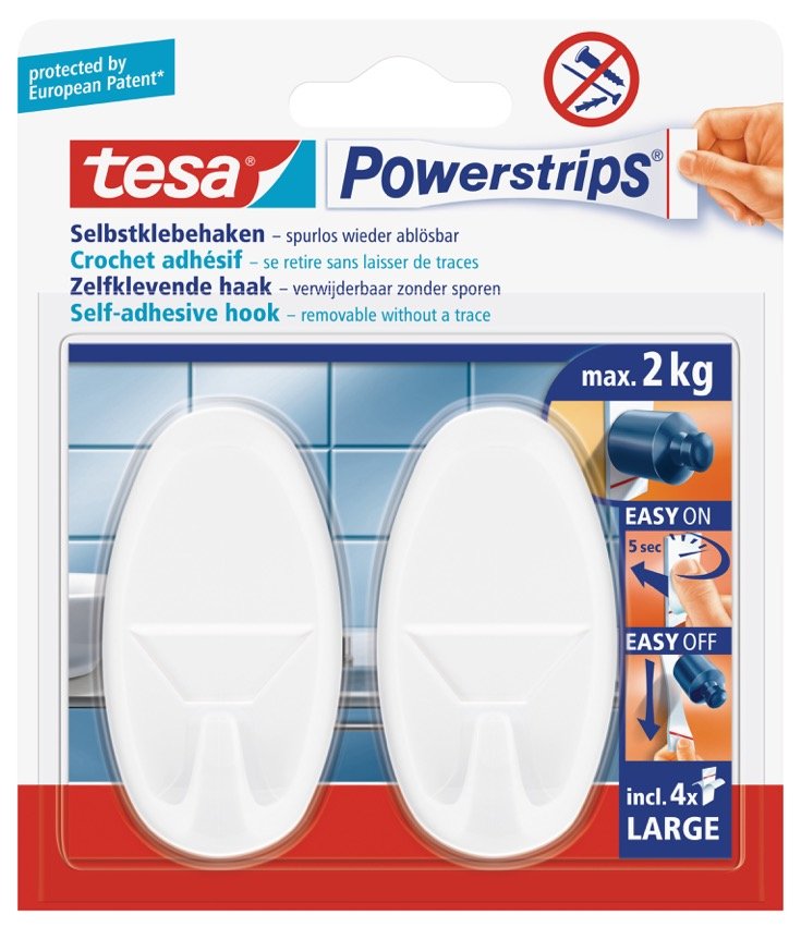 Tesa Powerstrips Large - Autoadhesivo Gancho - Blanco (Paquete De 2)