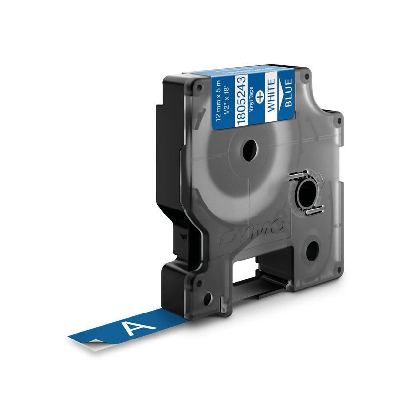 Dymo Rhino Cinta De Etiquetas Industrial Adhesiva Id1-12, Blanco Sobre Azul De 12mmx5´5m, Vinilo