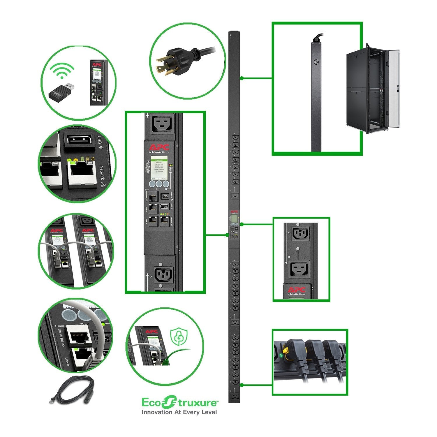 Apc Rack Pdu 9000 Switched Apdu9959na3 Unidad De Distribución De Potencia (Montaje En Bastidor) Ca 200/208 V 3.3 Kw 3300 Va Ethernet 10/100/1000 Input: Nema L6-20 Conectores De Salida: 24 (21 Iec 60320 C13/C15 3 Iec 60320 C19/C21) 0u 3