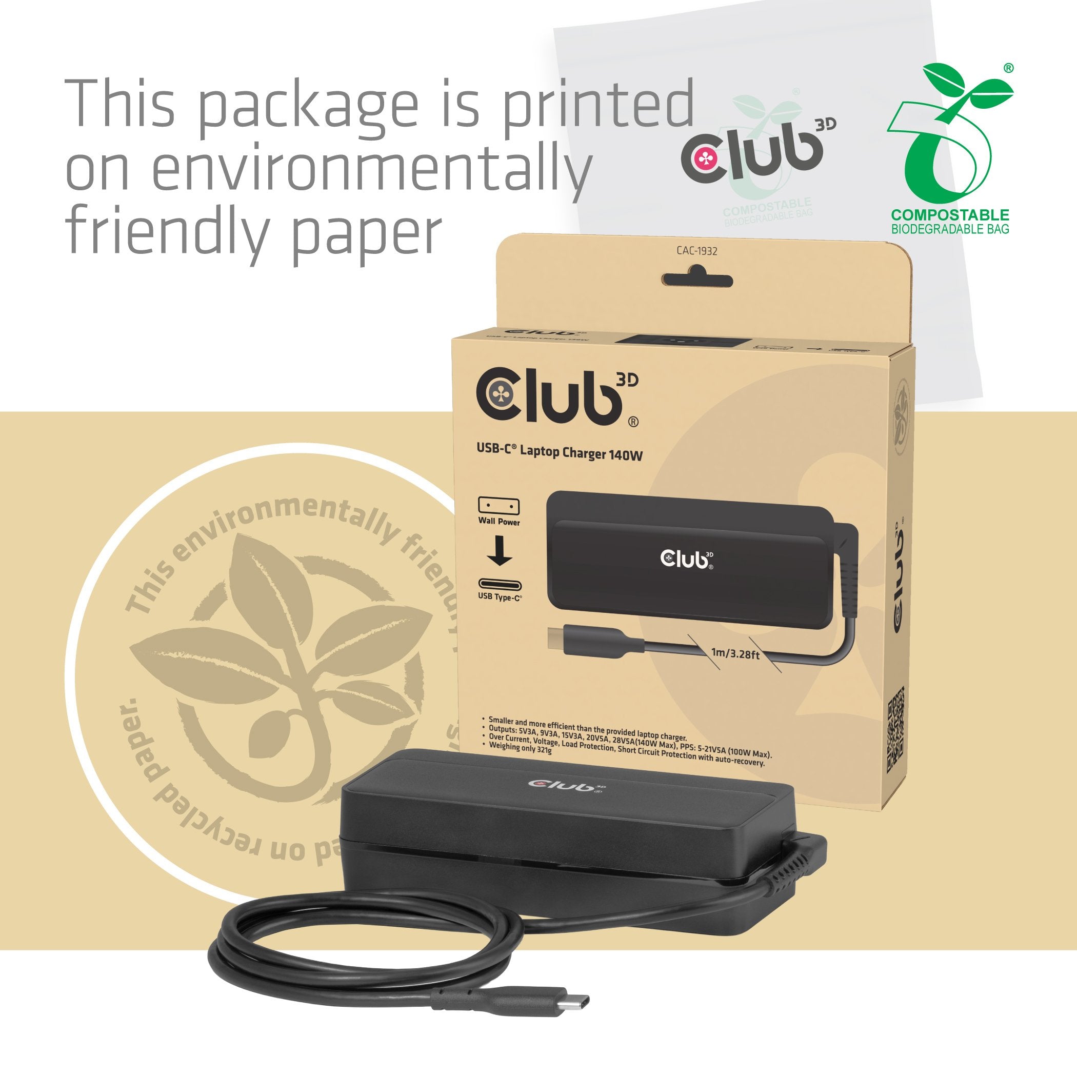 Club3d Laptop-Cargador Usb-C Pd3.1 140w, Gan Retail