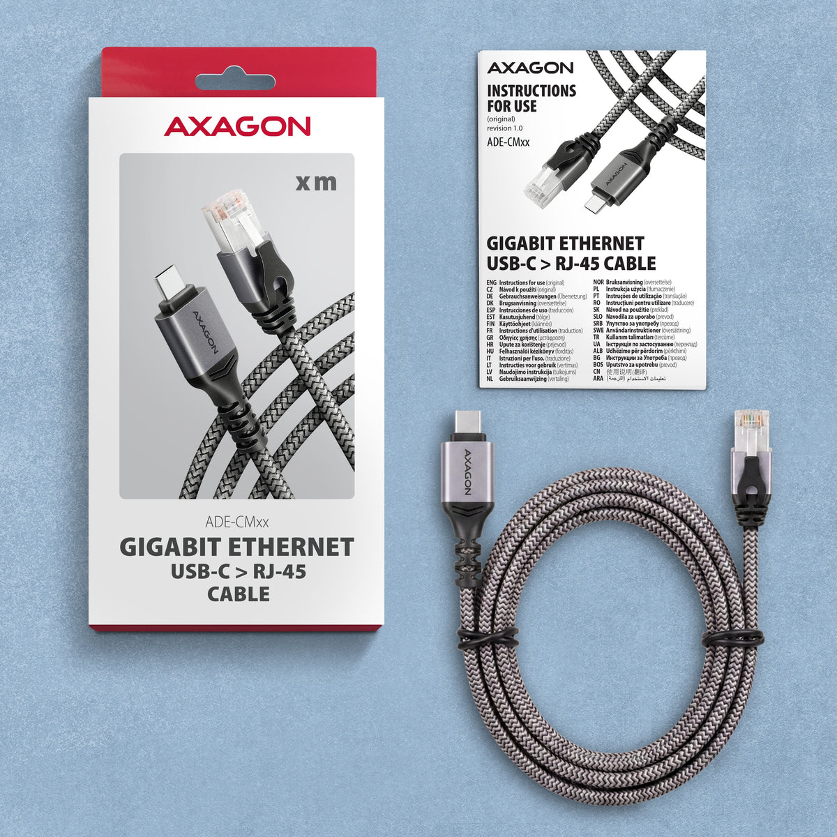 Axagon Ade-Cm50 Usb-C 5gbps - Gigabit Ethernet Adapter With Integrated Cat6 Rj-45 Network Cable (5 M), Asix Ax88179b