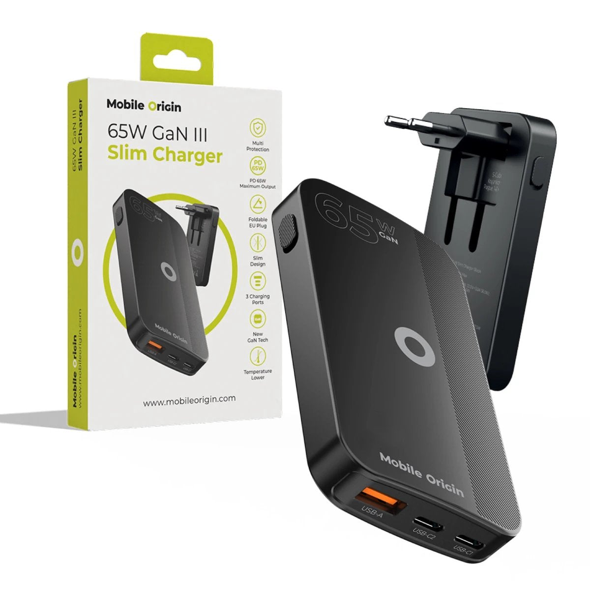 Mobile Origin 65w Gan Slim Dual Usb-C Single Usb-A Black