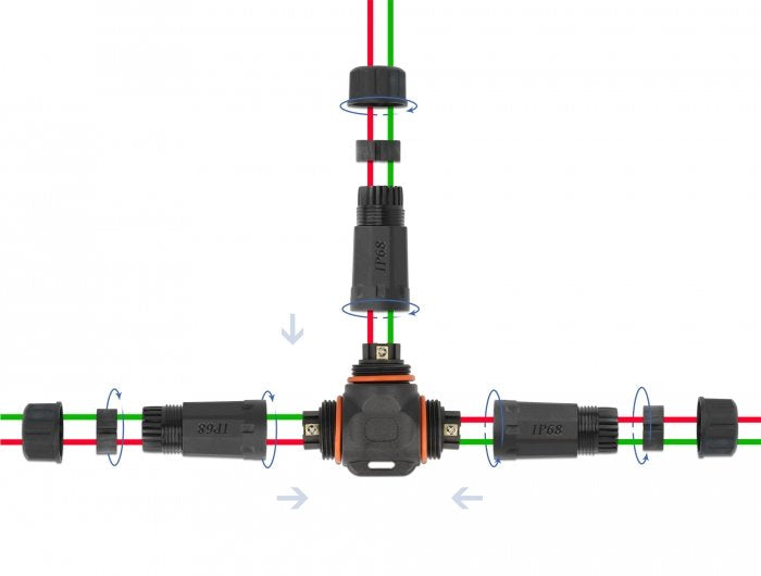 Delock Cableverbinder T-Form Für Aussenbereich 2 Pin, Ip68 Wasserdicht, Schraubbar, Cabledurchmesser 4,5 - 7,5 Mm Schwarz