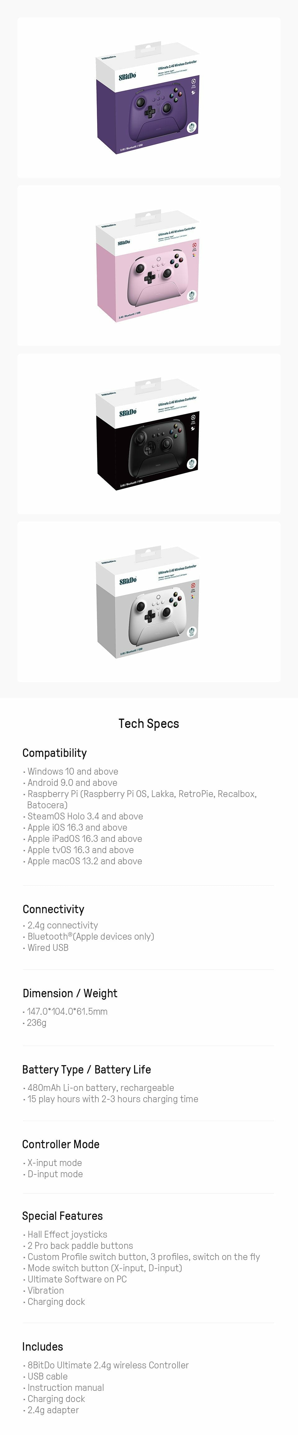 8bitdo Ultimate 2.4g, Gamepad Negro, Joysticks Hall Effect, Incluida Estación De Carga Ret00414