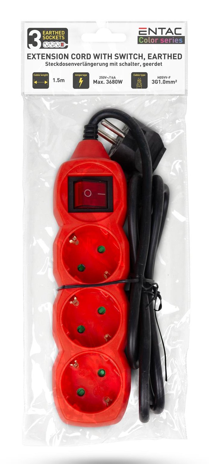 Entac Meckdosenleime 3fach 1,5m Schalter Rot