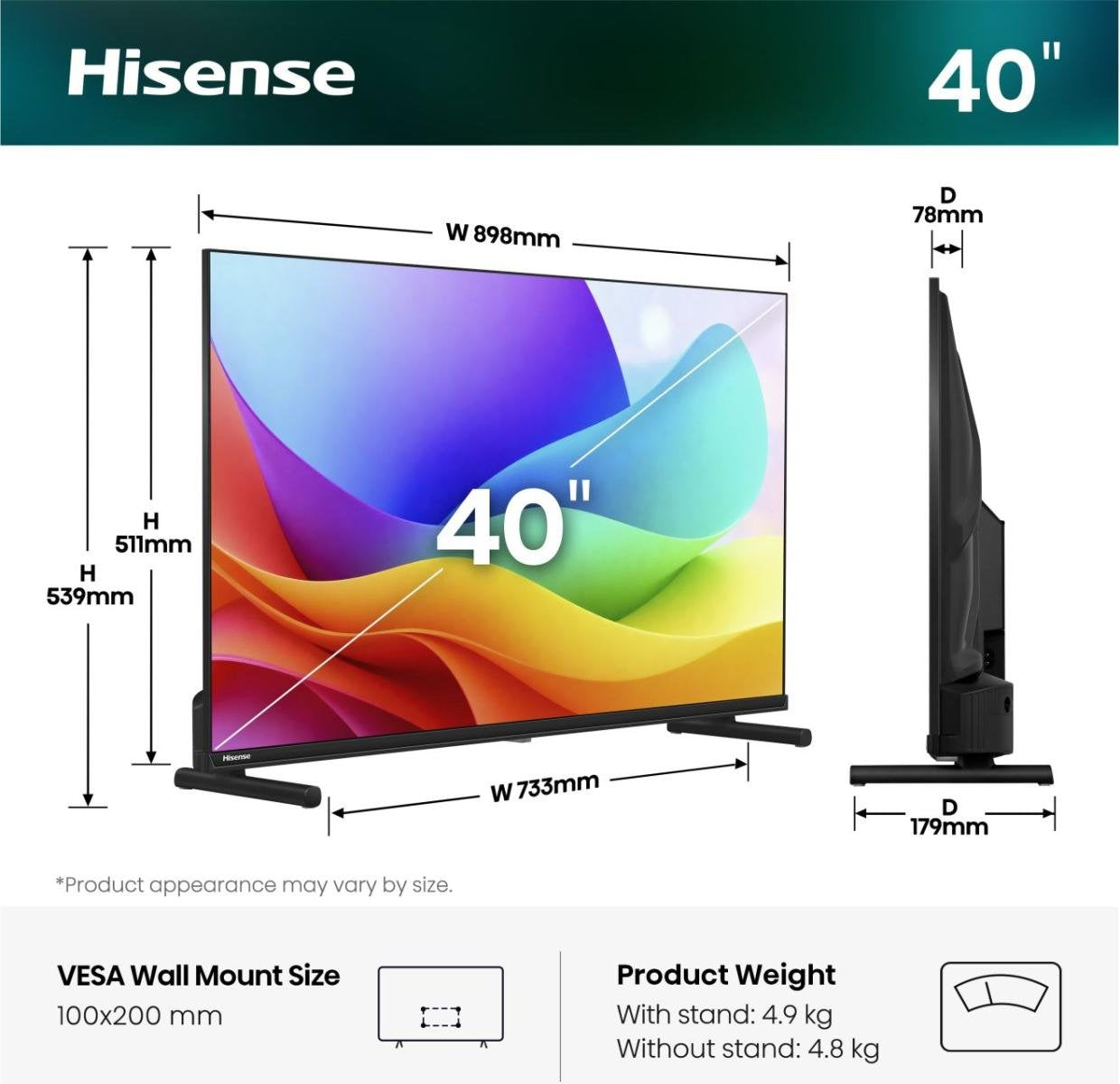 100,0cm 40" (1920x1080) Hisense 40a59s Smart Tv Fhd Hi-Qled 9,5ms 60hz Hdmi Usb Lan Hdr Vesa Wifi Black