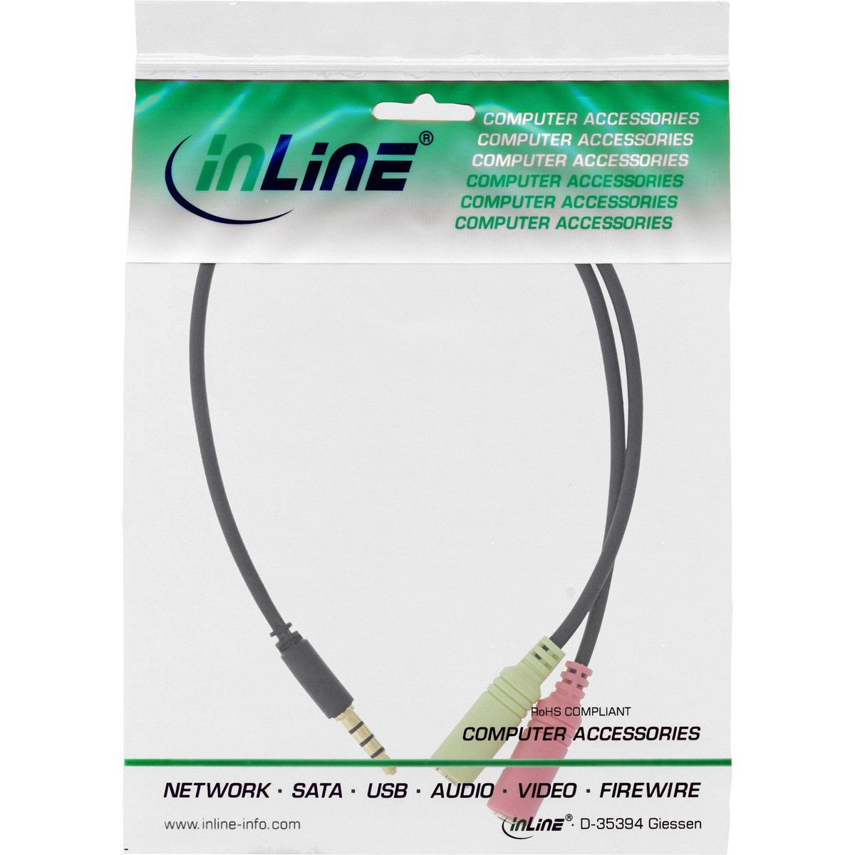 Inline® Audio Headset Adaptador Cable 3.5mm Macho 4 Pin / 2x 3.5mm, Negro, 0.15m