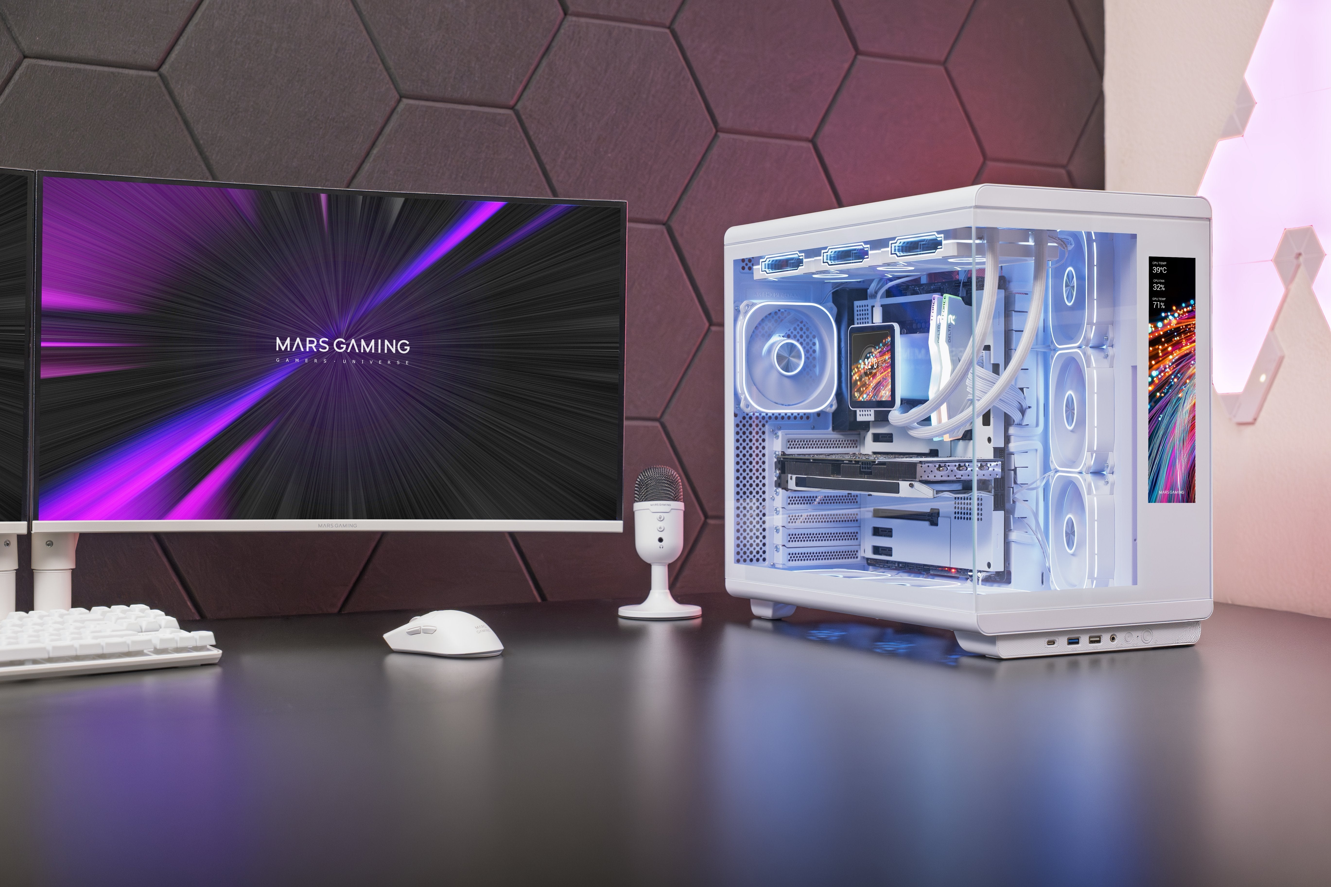 Caja Pc  Atx Mars Gaming Mc-Revmaxw Pantalla Lcd 11.8" Cristal Templado 4x Ventiladores Argb Blanco