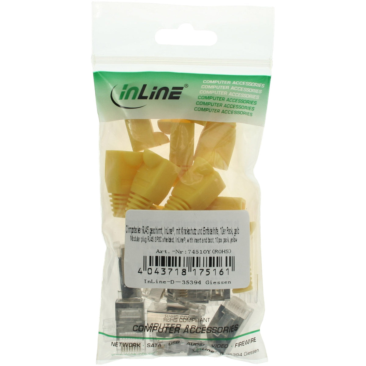 Conector De Crimpado Inline Rj45 8p8c Blindado Con Enhebrador + Protección Contra Dobleces Amarillo 10 Uds.