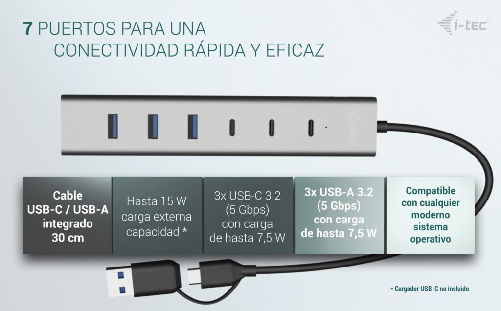 EAN 8595611707193 - i-tec CAHUBMETAL7 hub de interfaz USB 3.2 Gen 1 (3.1 Gen 1) Type-A + Type-C 5 Mbit/s Gris imagen 6