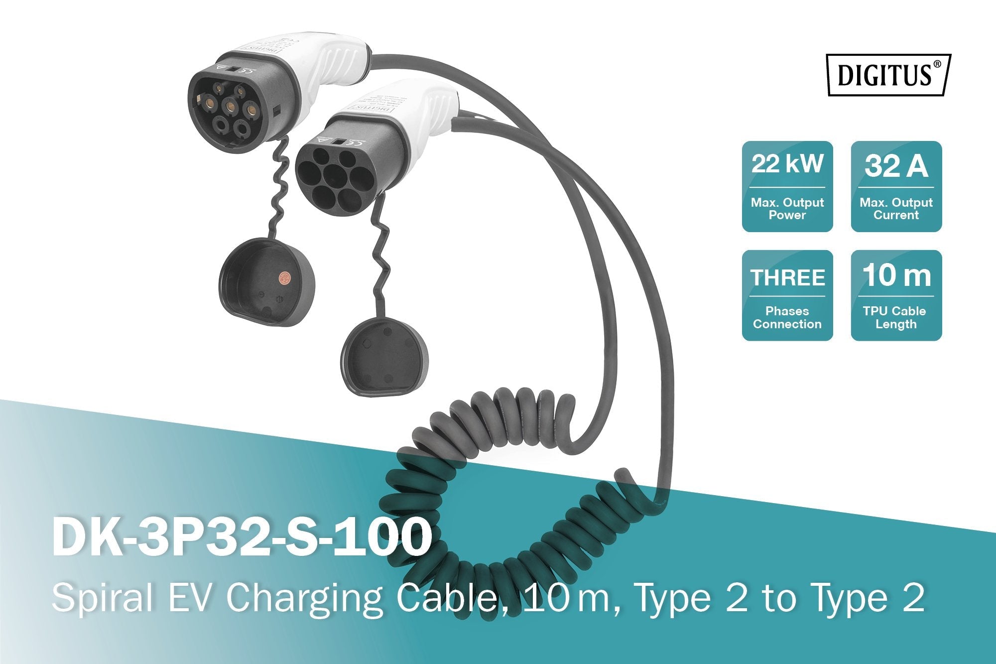 Cable De Carga Para Coche Digitus En Espiral, 10 M, Tipo 2 A Tipo 2