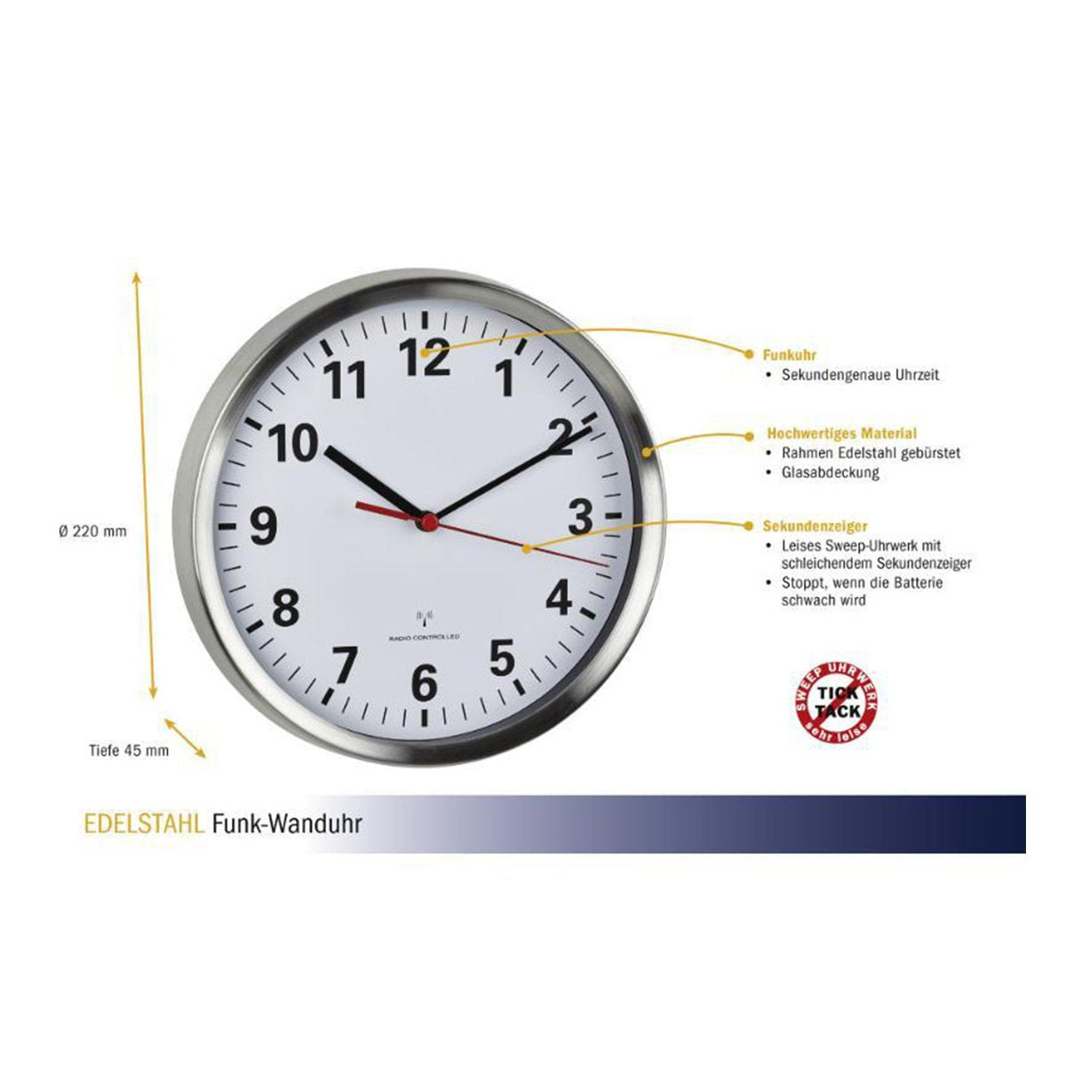 Tfa 60.3529.02 Radio Reloj De Pared 22 Cm X 4.5 Aluminio Schleichendes Uhrwerk